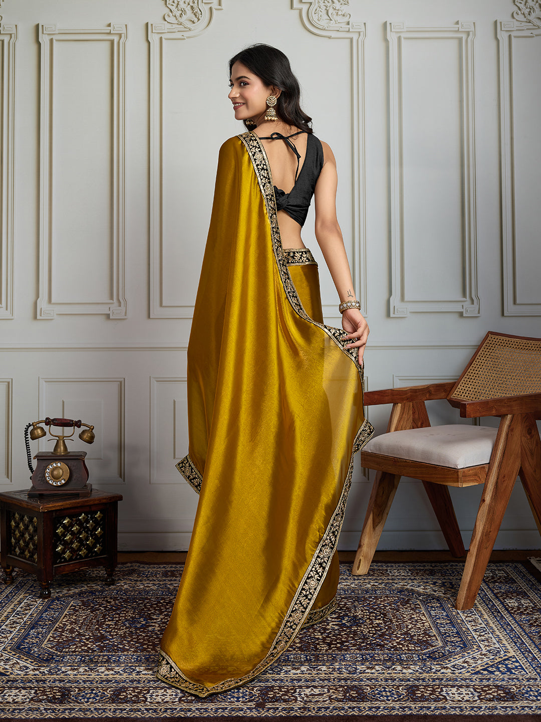 Jyoti Fashion Women's Mustard Satin Silk Embroidered Designer Saree with Blouse - Distacart