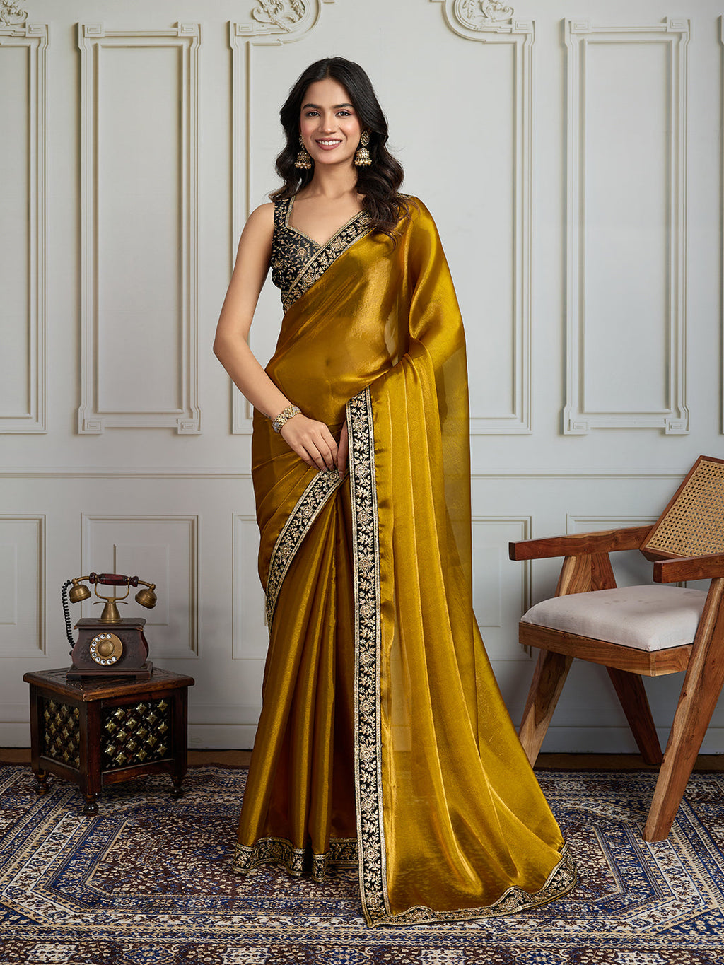 Jyoti Fashion Women's Mustard Satin Silk Embroidered Designer Saree with Blouse - Distacart