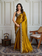 Jyoti Fashion Women's Mustard Satin Silk Embroidered Designer Saree with Blouse - Distacart