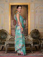 Jyoti Fashion Women's Sea Green Chinon Digital Print with Mirror Saree with Blouse - Distacart