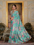 Jyoti Fashion Women's Sea Green Chinon Digital Print with Mirror Saree with Blouse - Distacart