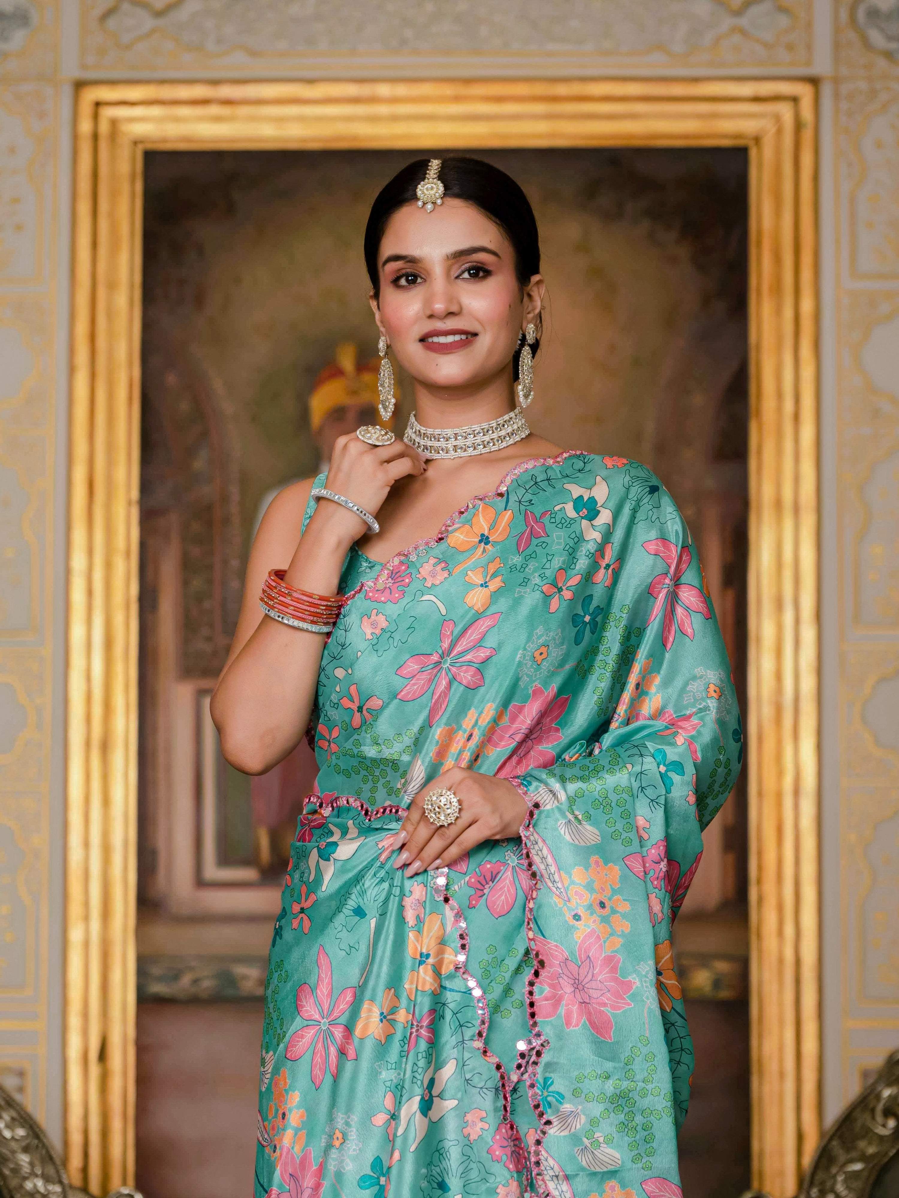 Jyoti Fashion Women's Sea Green Chinon Digital Print with Mirror Saree with Blouse - Distacart