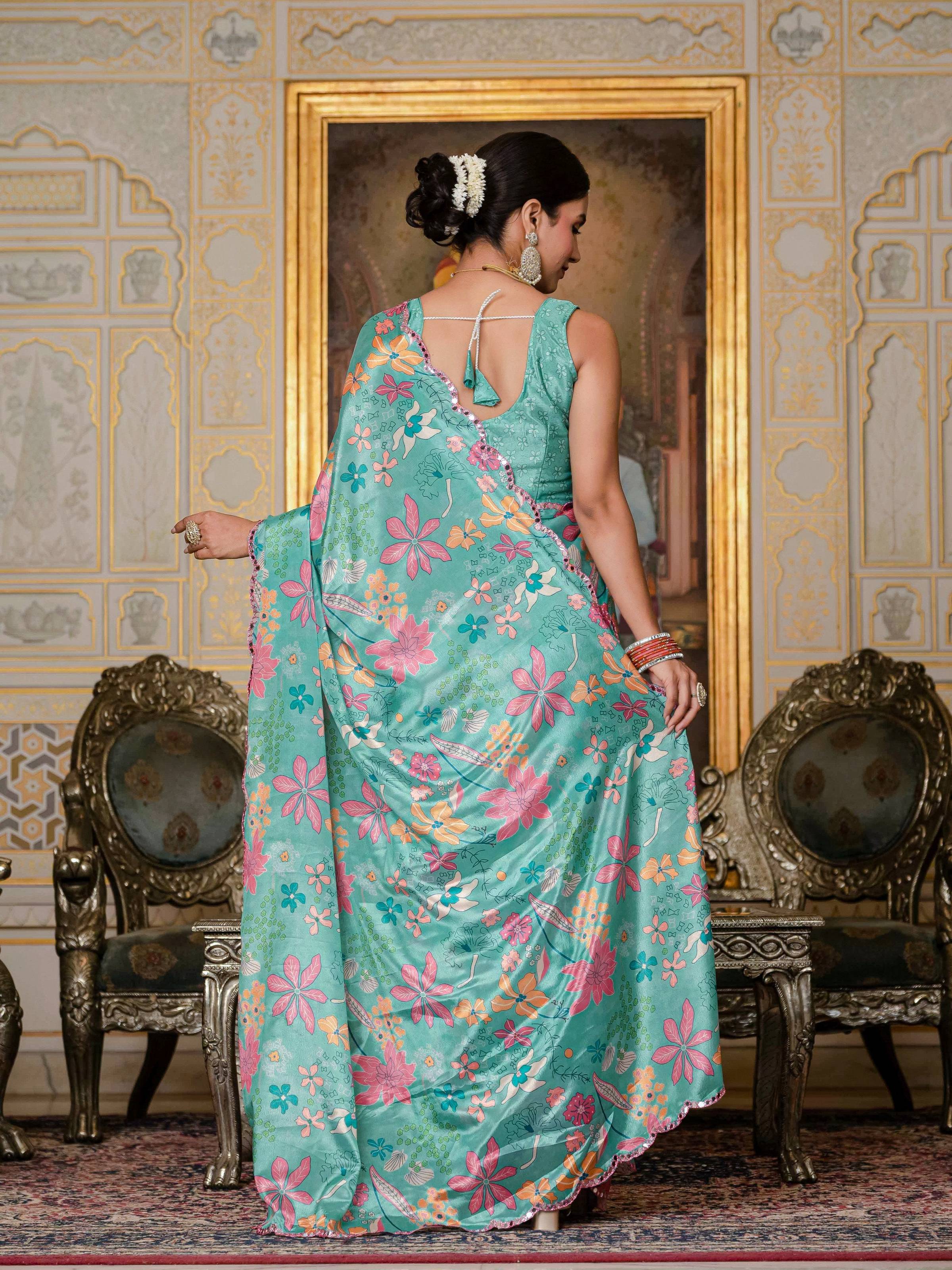 Jyoti Fashion Women's Sea Green Chinon Digital Print with Mirror Saree with Blouse - Distacart