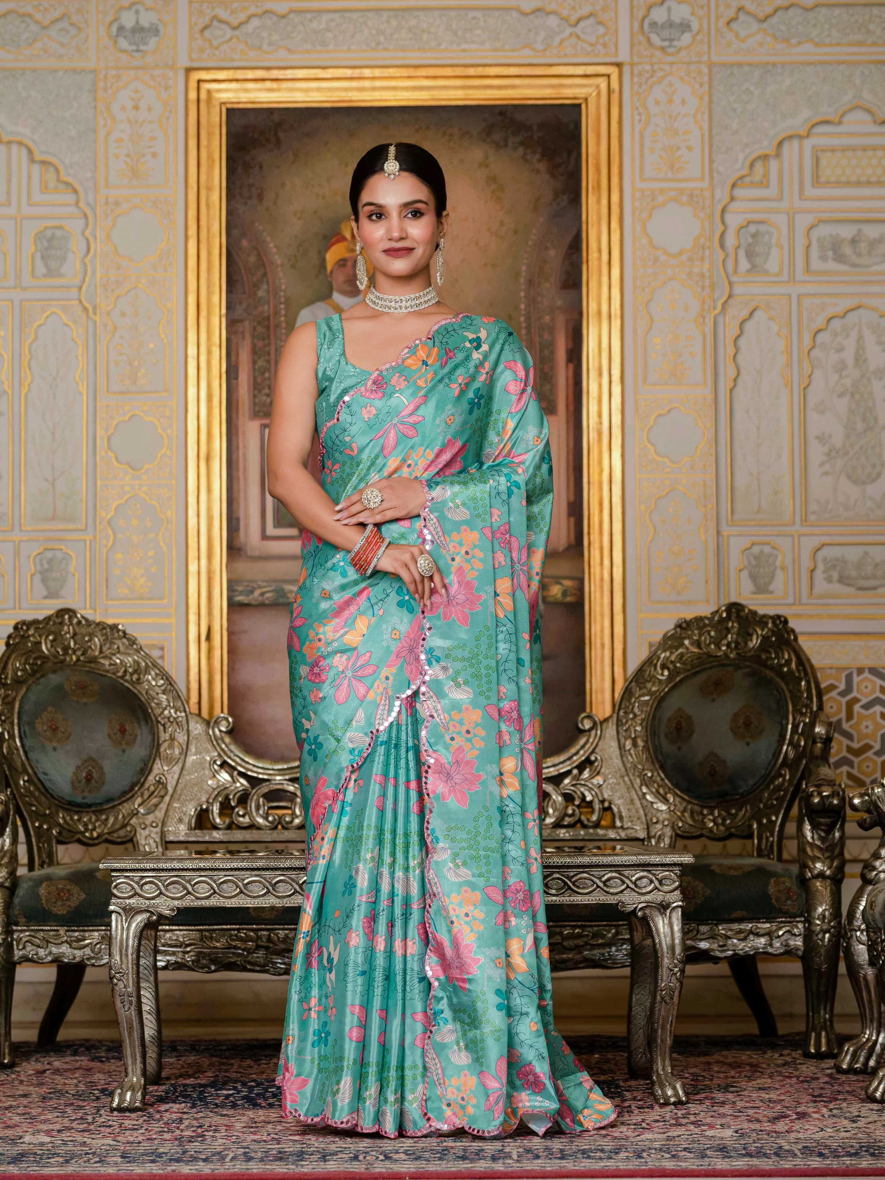 Jyoti Fashion Women's Sea Green Chinon Digital Print with Mirror Saree with Blouse - Distacart