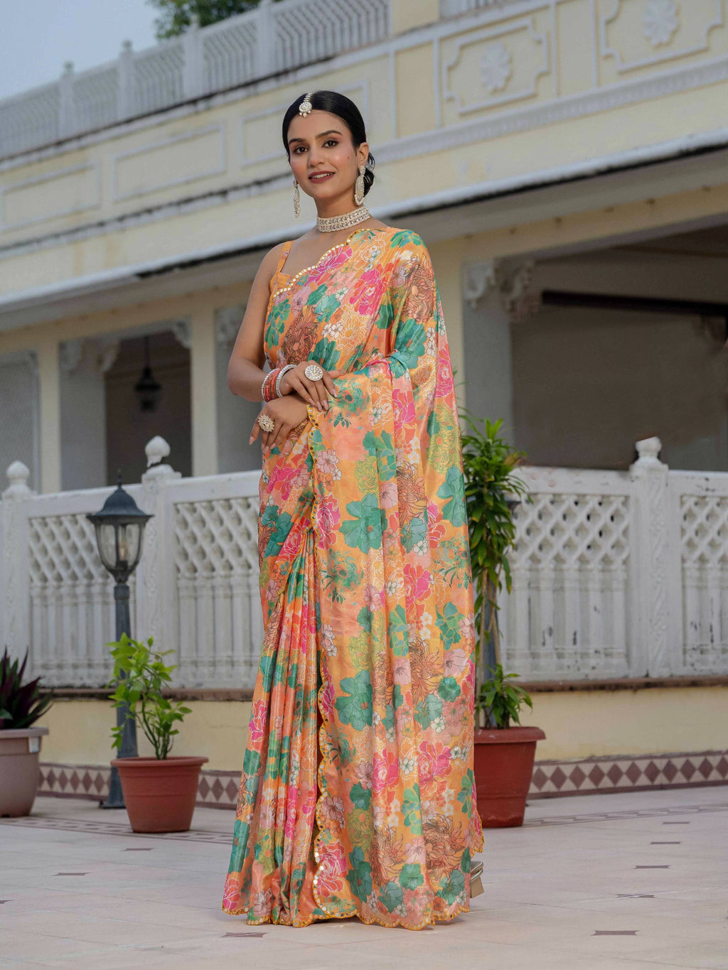 Jyoti Fashion Women's Multicolor Chinon Digital Print with Mirror Saree with Blouse - Distacart
