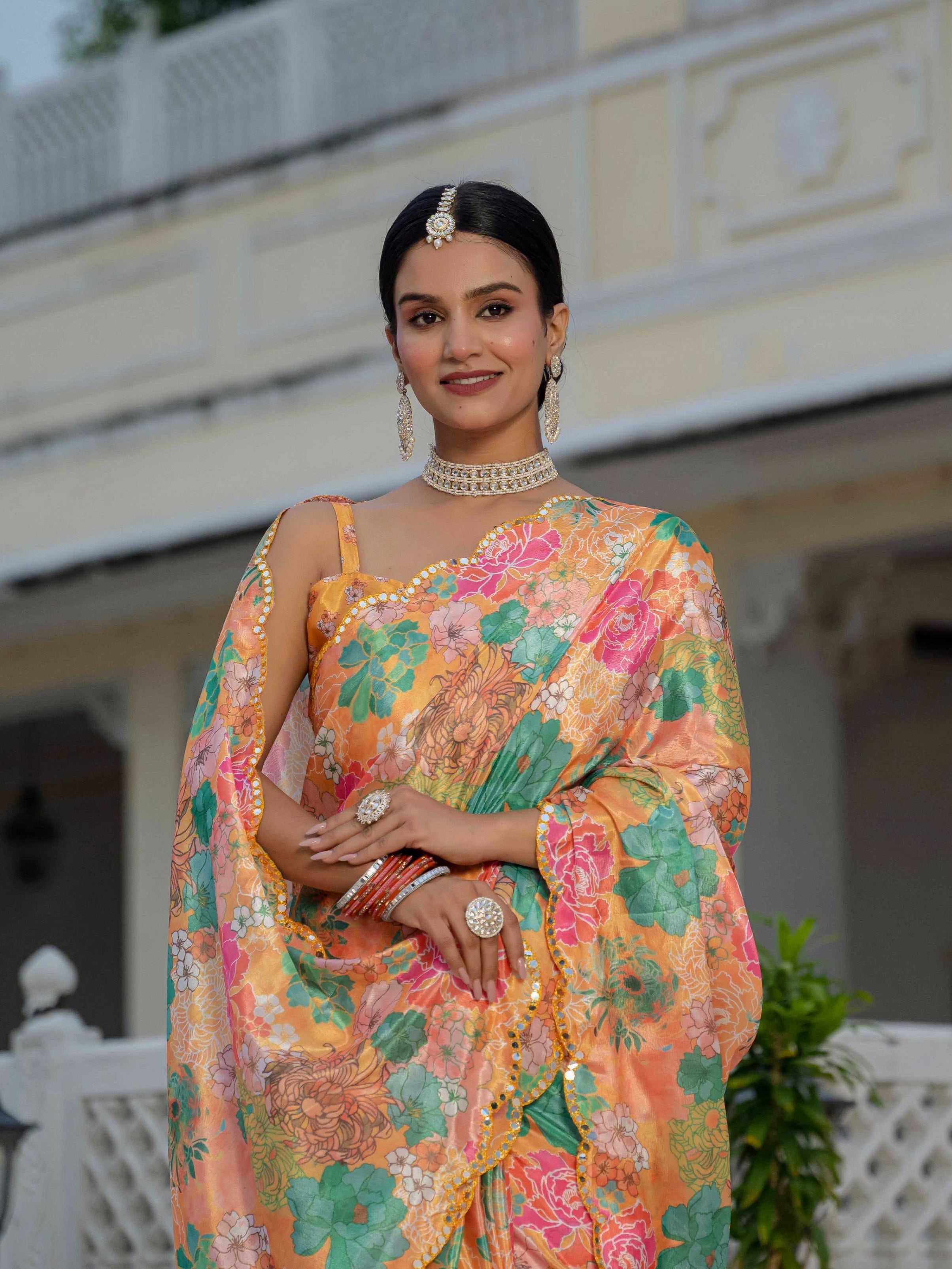 Jyoti Fashion Women's Multicolor Chinon Digital Print with Mirror Saree with Blouse - Distacart