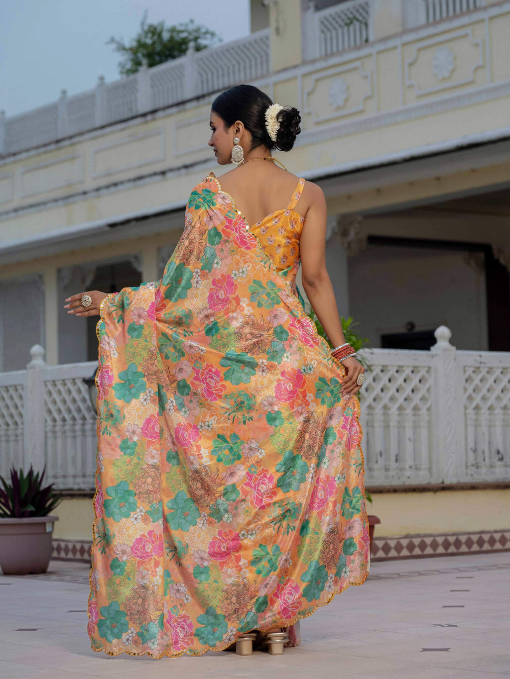 Jyoti Fashion Women's Multicolor Chinon Digital Print with Mirror Saree with Blouse - Distacart