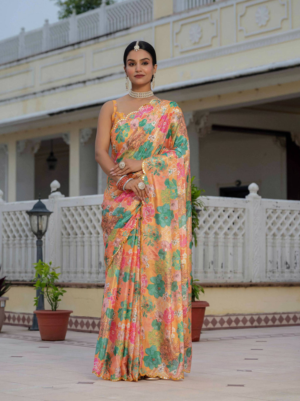 Jyoti Fashion Women's Multicolor Chinon Digital Print with Mirror Saree with Blouse - Distacart
