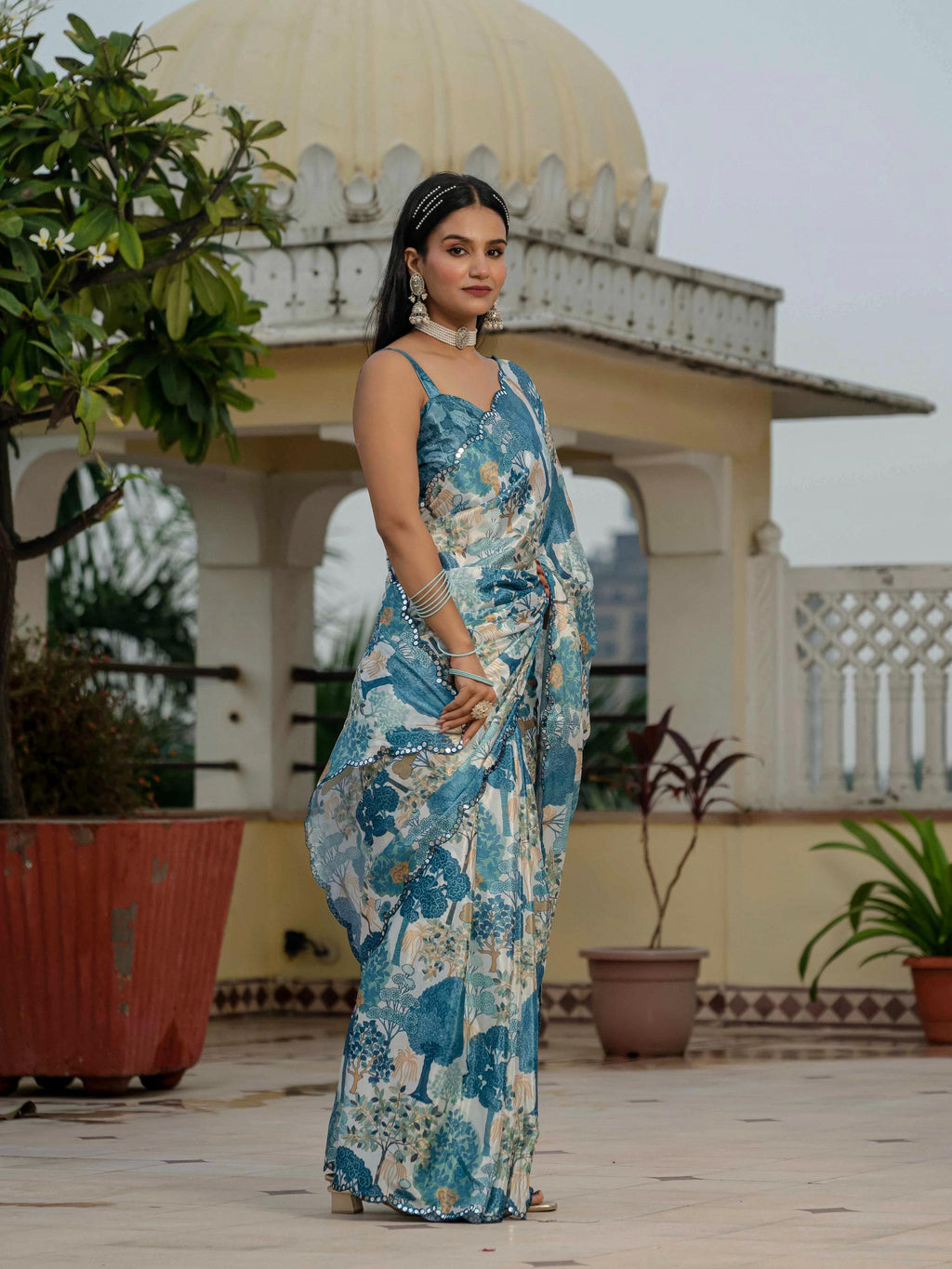 Jyoti Fashion Morpich Chinon Digital Print with Mirror Saree with Blouse - Distacart