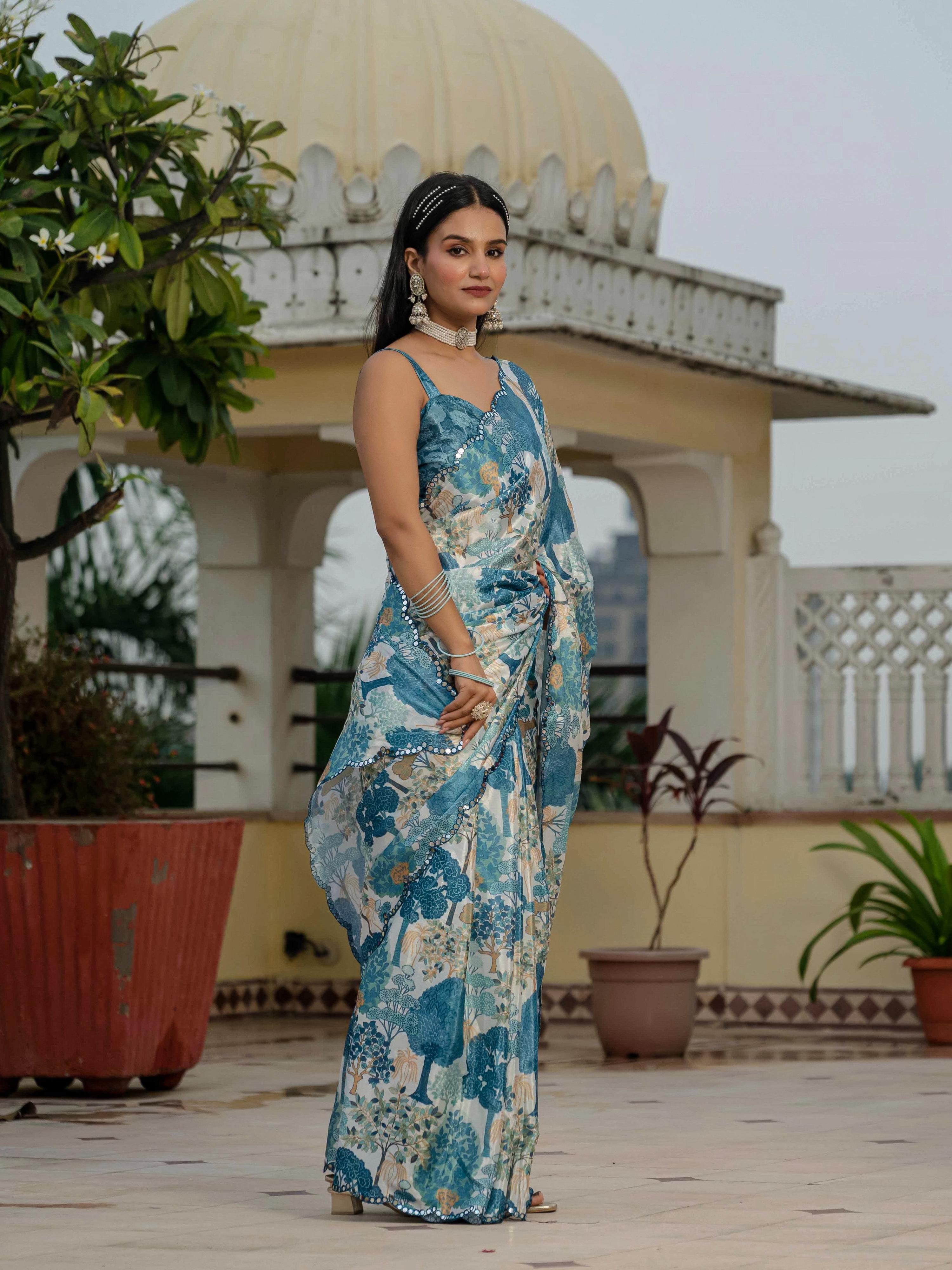 Jyoti Fashion Morpich Chinon Digital Print with Mirror Saree with Blouse - Distacart