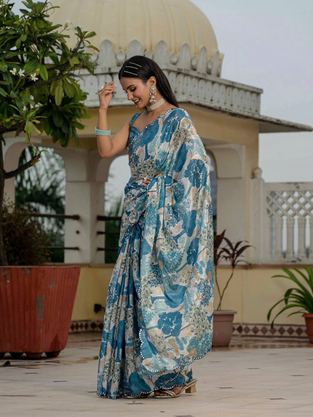 Jyoti Fashion Morpich Chinon Digital Print with Mirror Saree with Blouse - Distacart