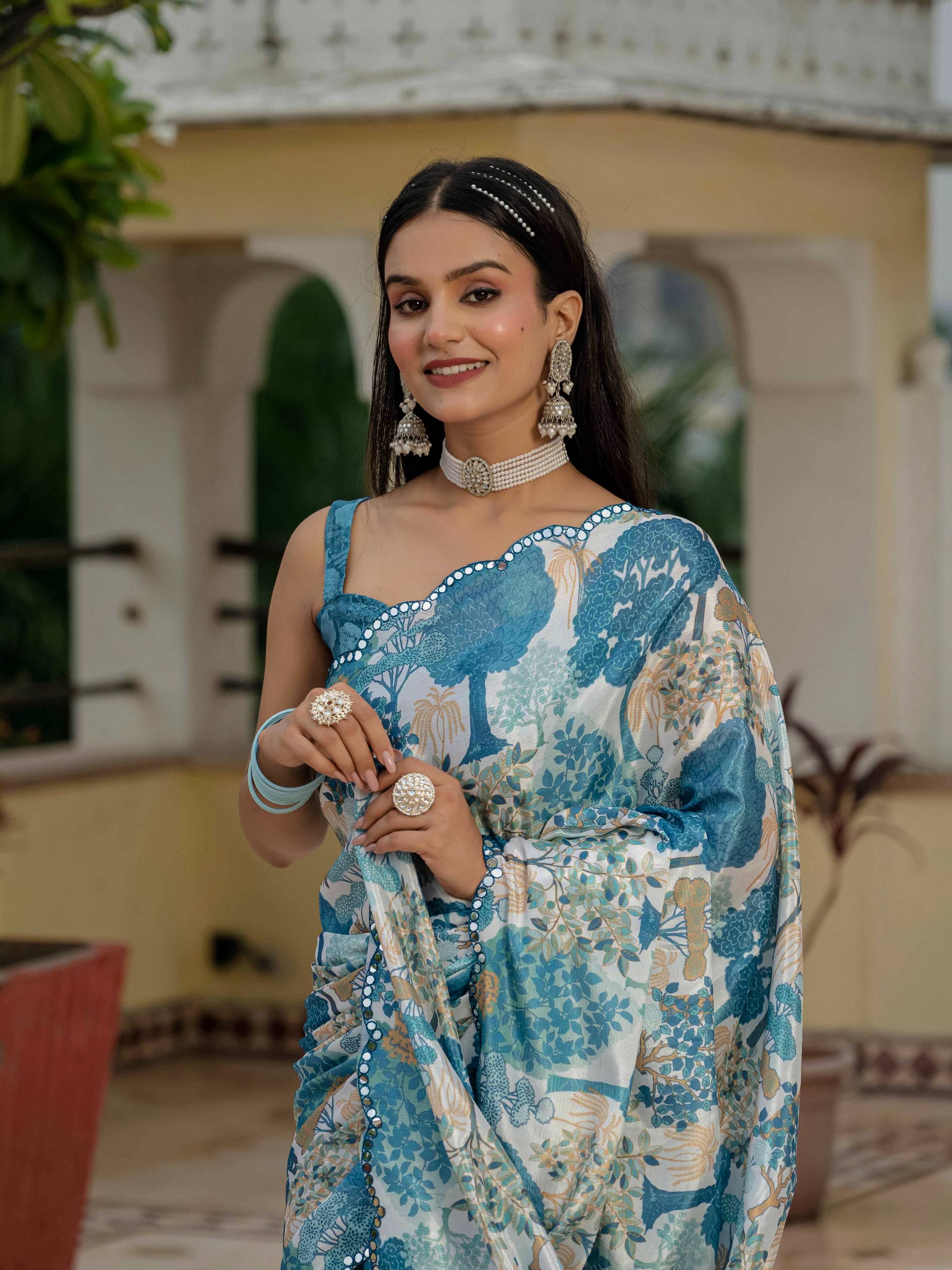 Jyoti Fashion Morpich Chinon Digital Print with Mirror Saree with Blouse - Distacart