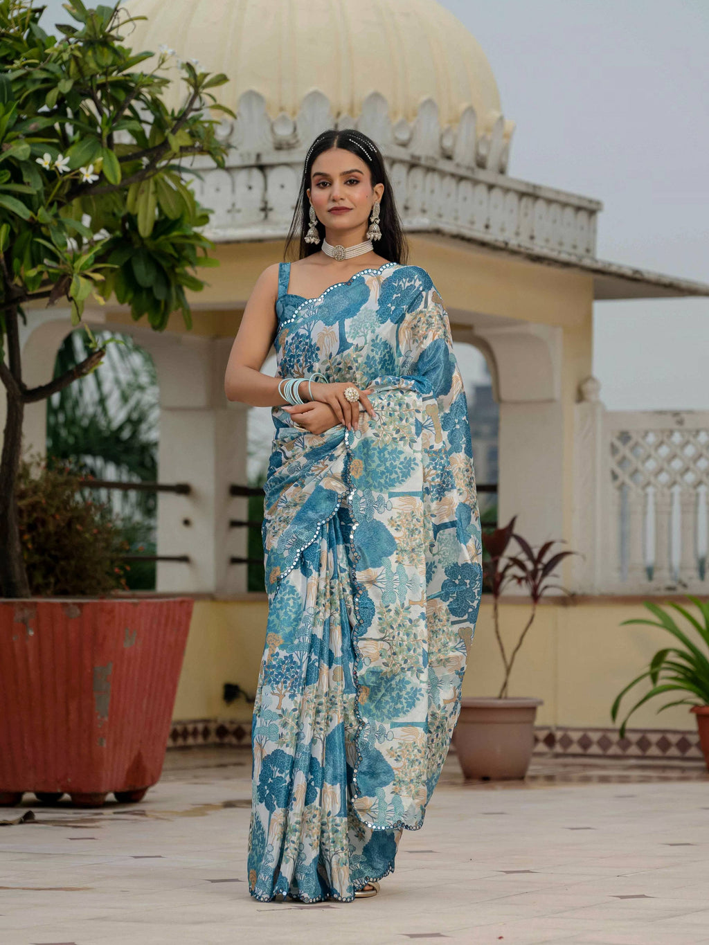 Jyoti Fashion Morpich Chinon Digital Print with Mirror Saree with Blouse - Distacart