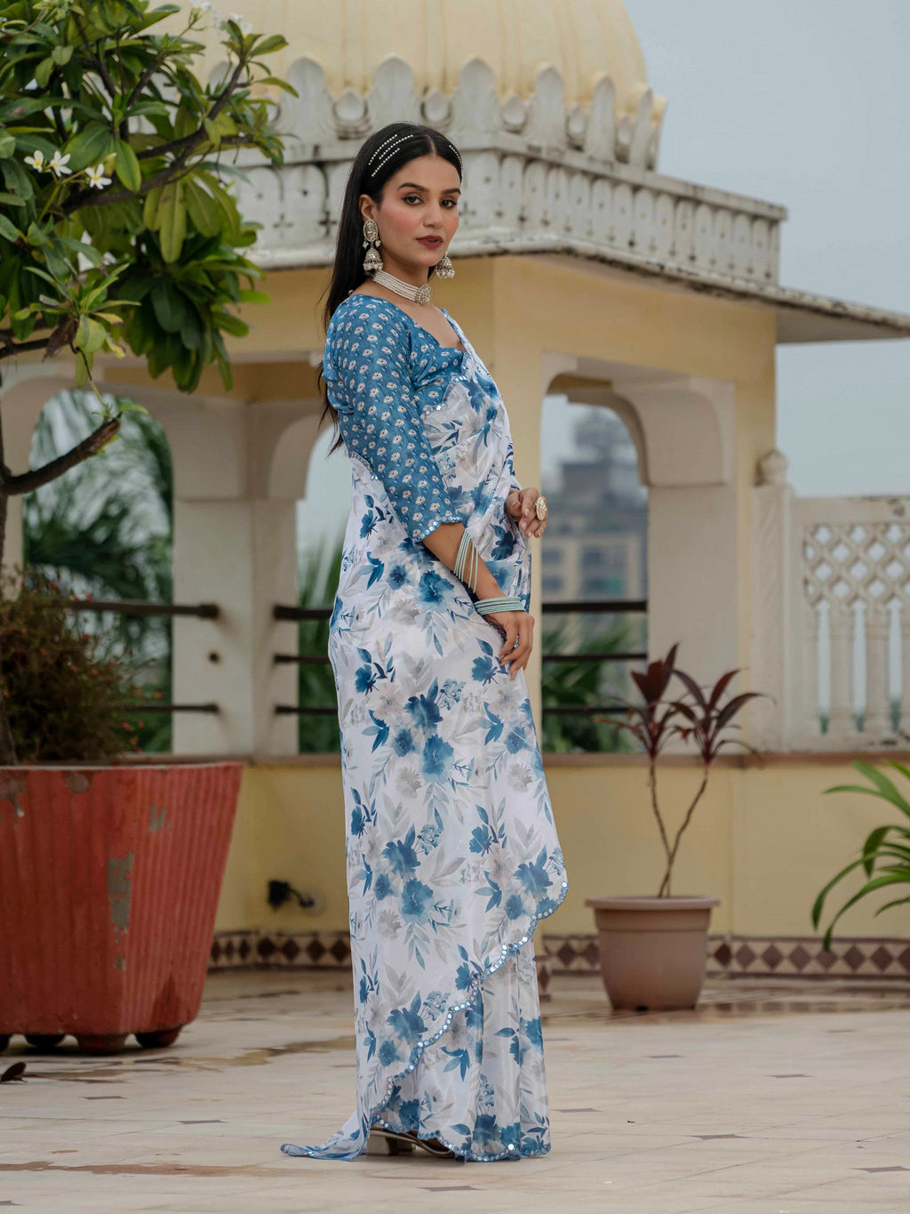 Jyoti Fashion Women's Blue Chinon Digital Print with Mirror Saree with Blouse - Distacart