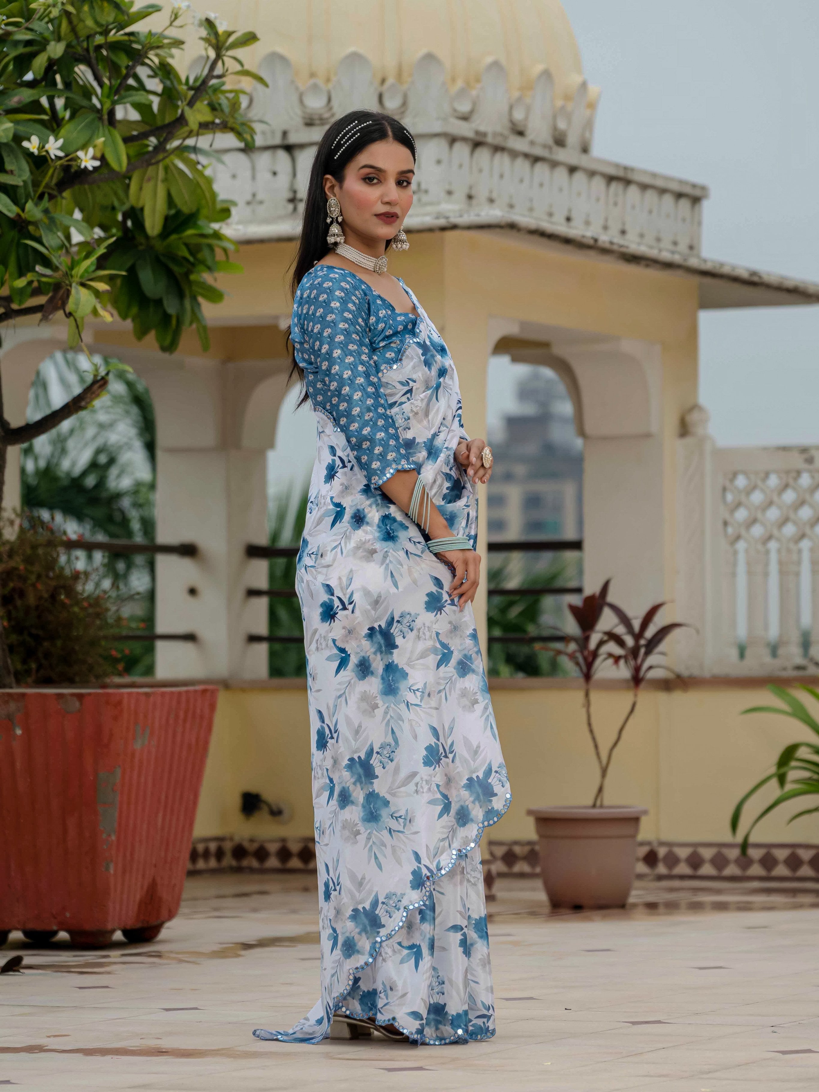 Jyoti Fashion Women's Blue Chinon Digital Print with Mirror Saree with Blouse - Distacart