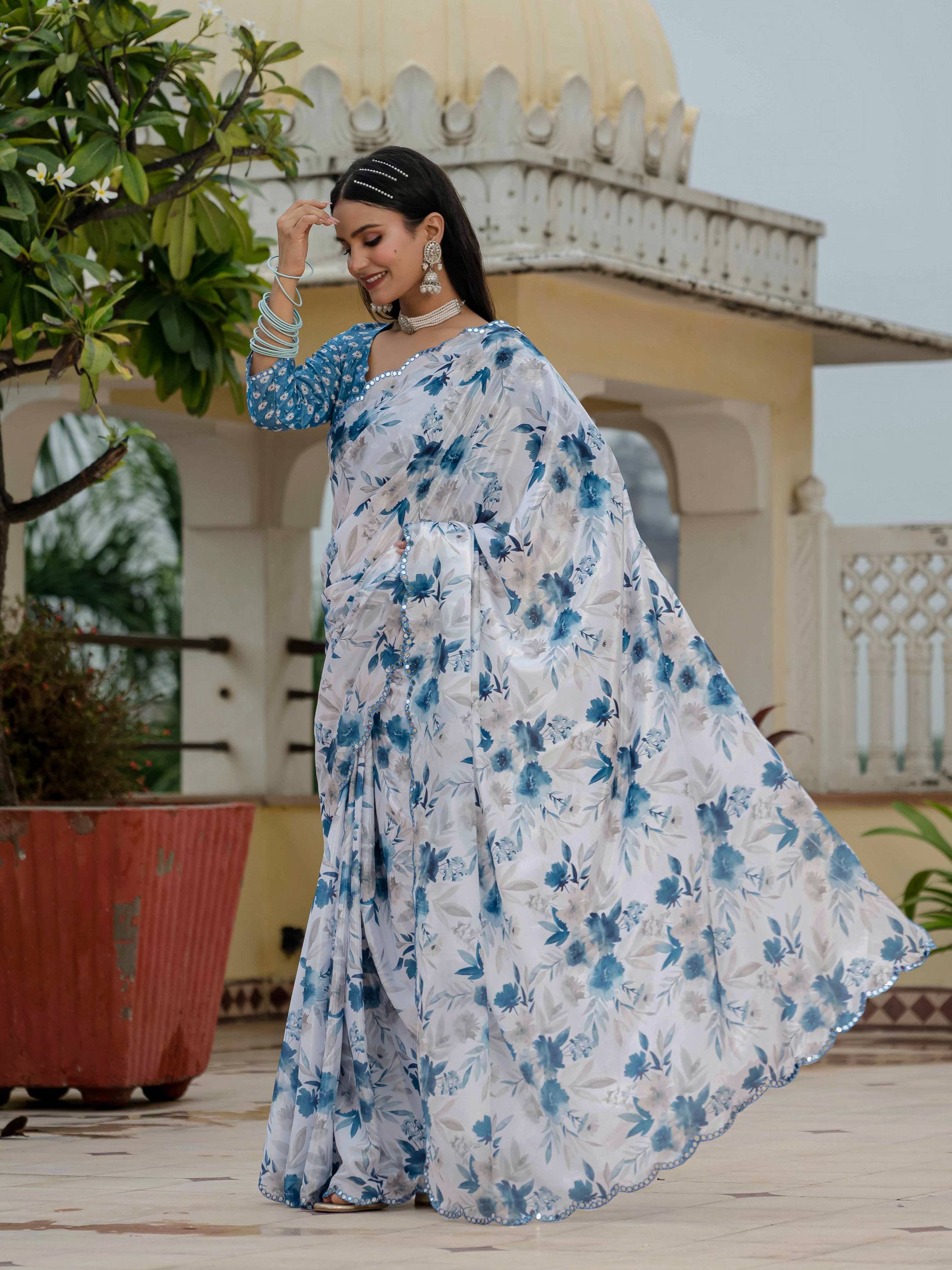 Jyoti Fashion Women's Blue Chinon Digital Print with Mirror Saree with Blouse - Distacart