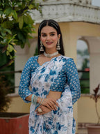 Jyoti Fashion Women's Blue Chinon Digital Print with Mirror Saree with Blouse - Distacart