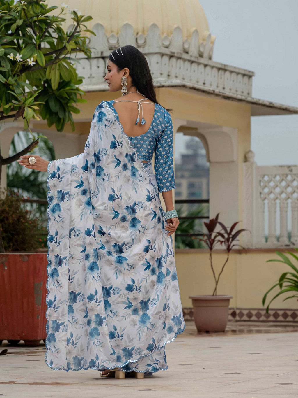 Jyoti Fashion Women's Blue Chinon Digital Print with Mirror Saree with Blouse - Distacart