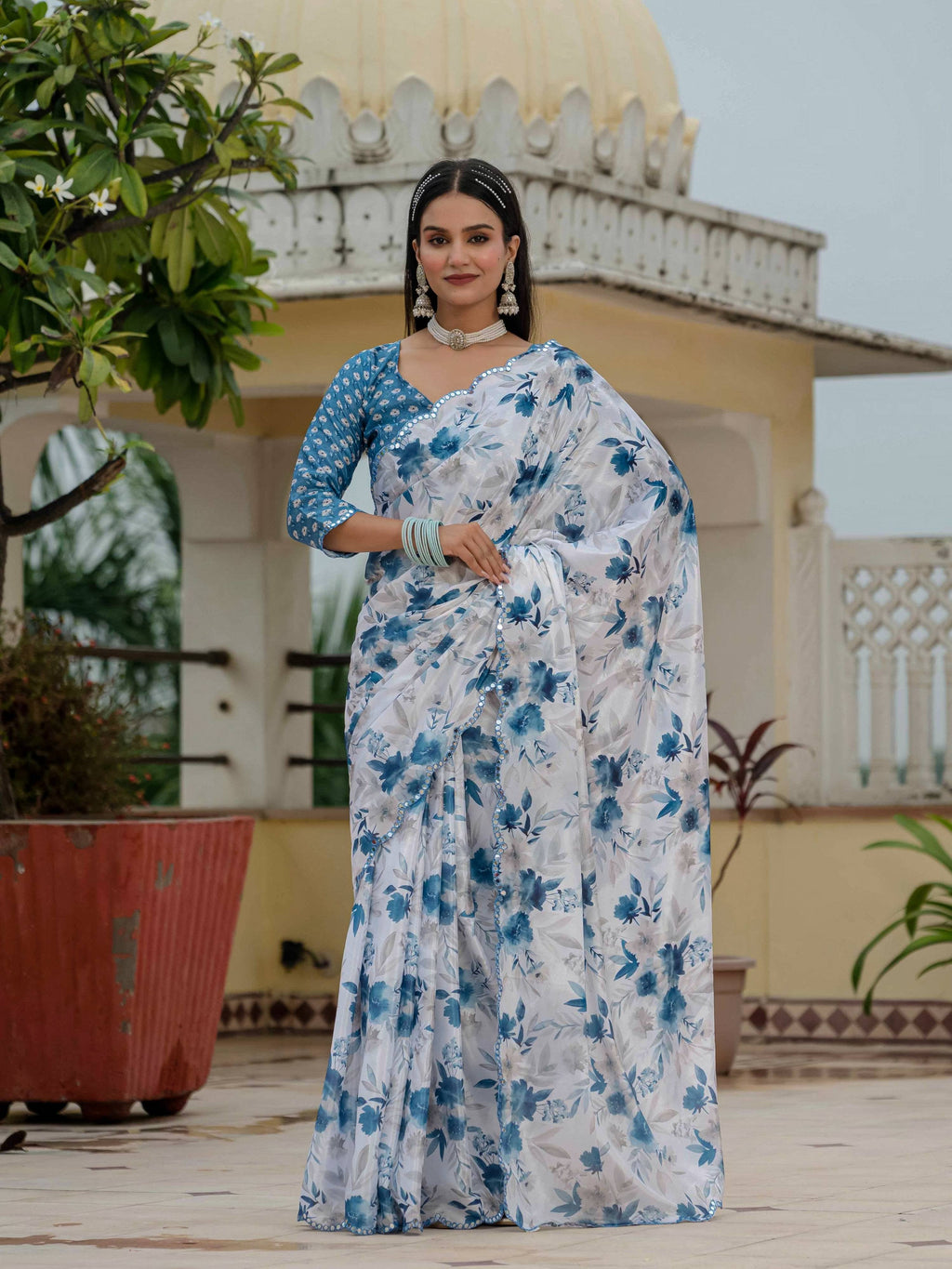 Jyoti Fashion Women's Blue Chinon Digital Print with Mirror Saree with Blouse - Distacart