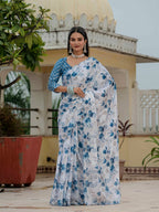 Jyoti Fashion Women's Blue Chinon Digital Print with Mirror Saree with Blouse - Distacart