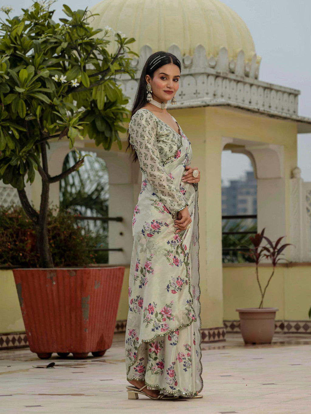 Jyoti Fashion Women's Pista Green Chinon Digital Print with Mirror Saree with Blouse - Distacart