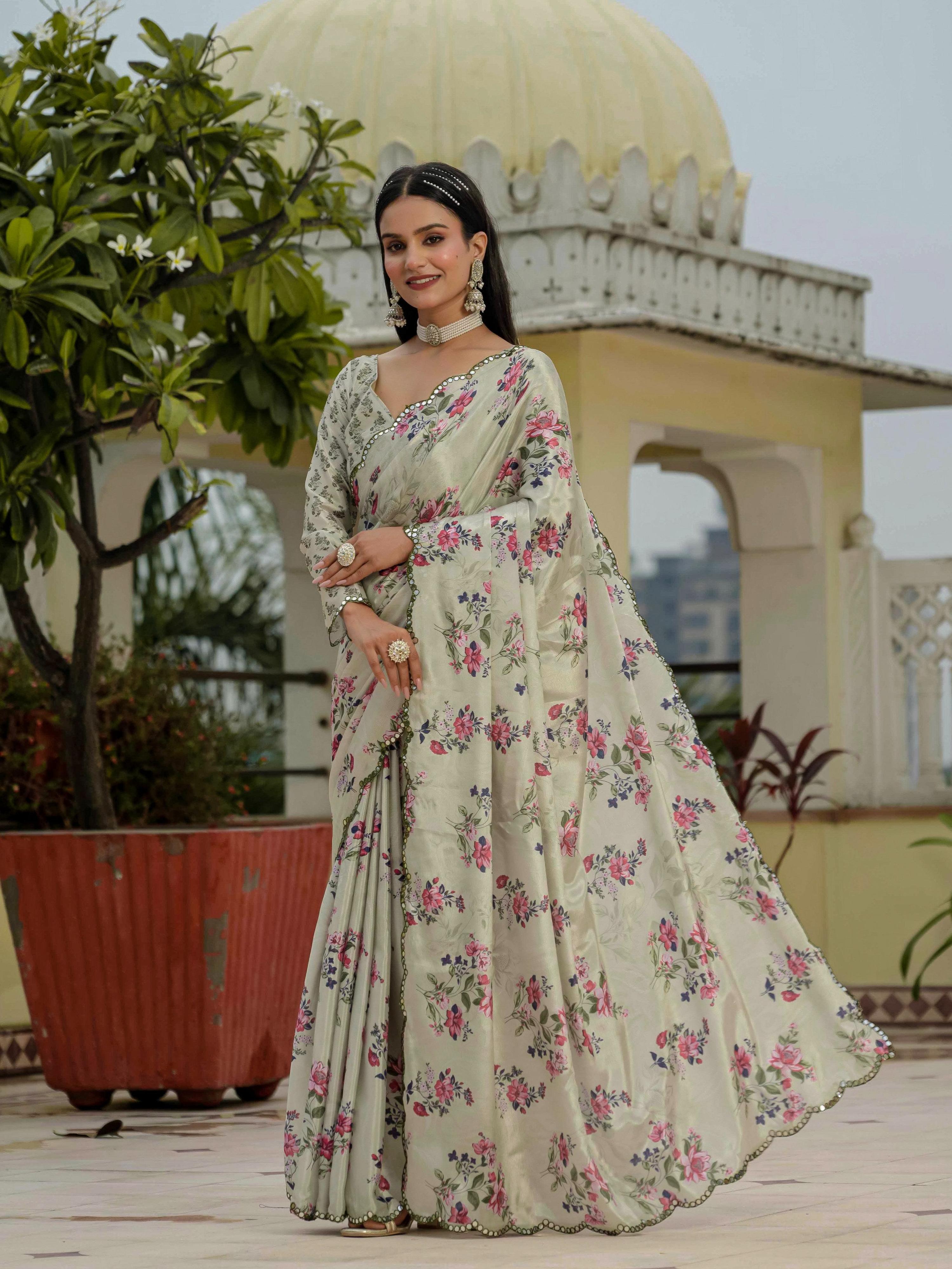 Jyoti Fashion Women's Pista Green Chinon Digital Print with Mirror Saree with Blouse - Distacart