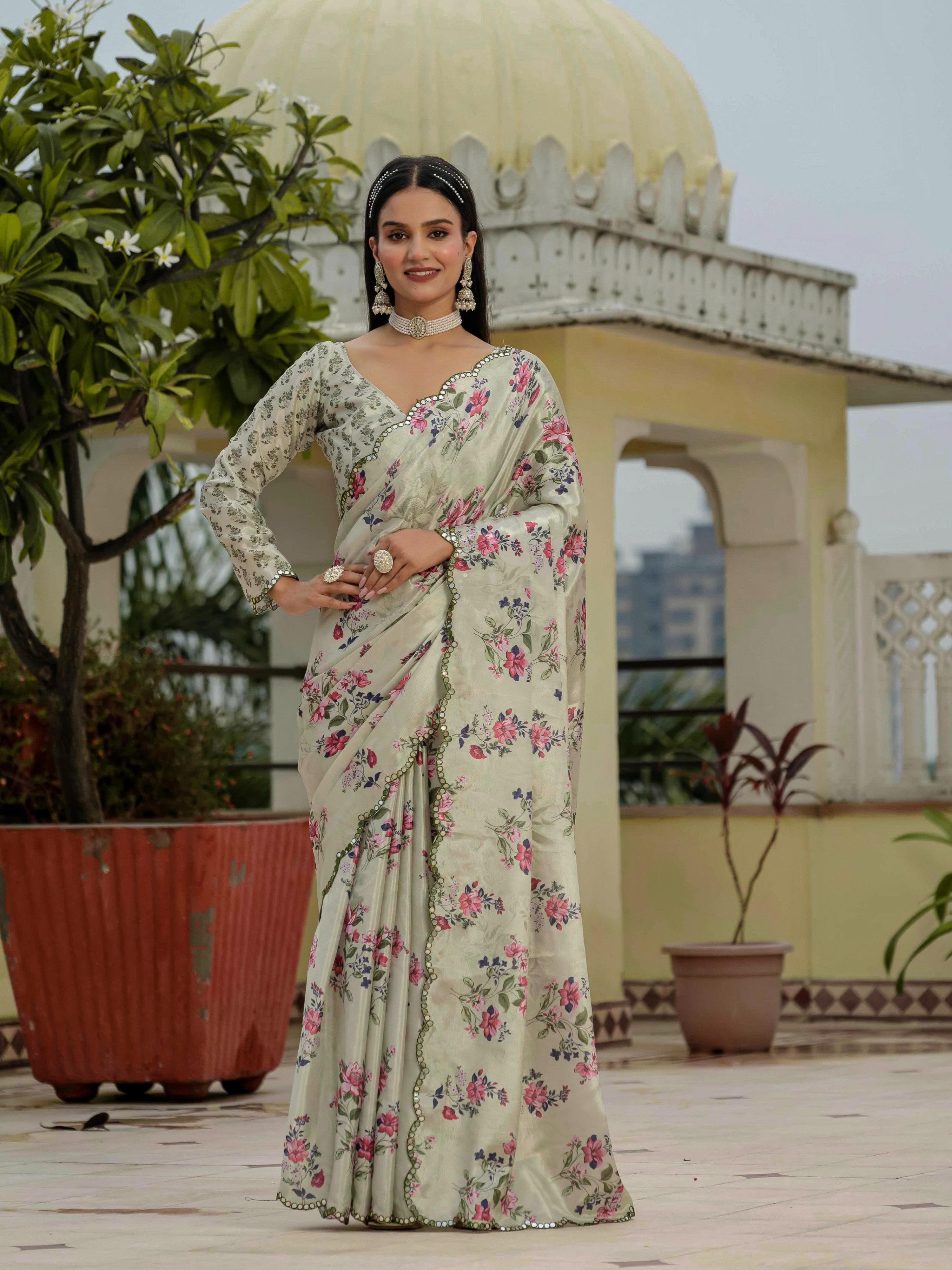 Jyoti Fashion Women's Pista Green Chinon Digital Print with Mirror Saree with Blouse - Distacart