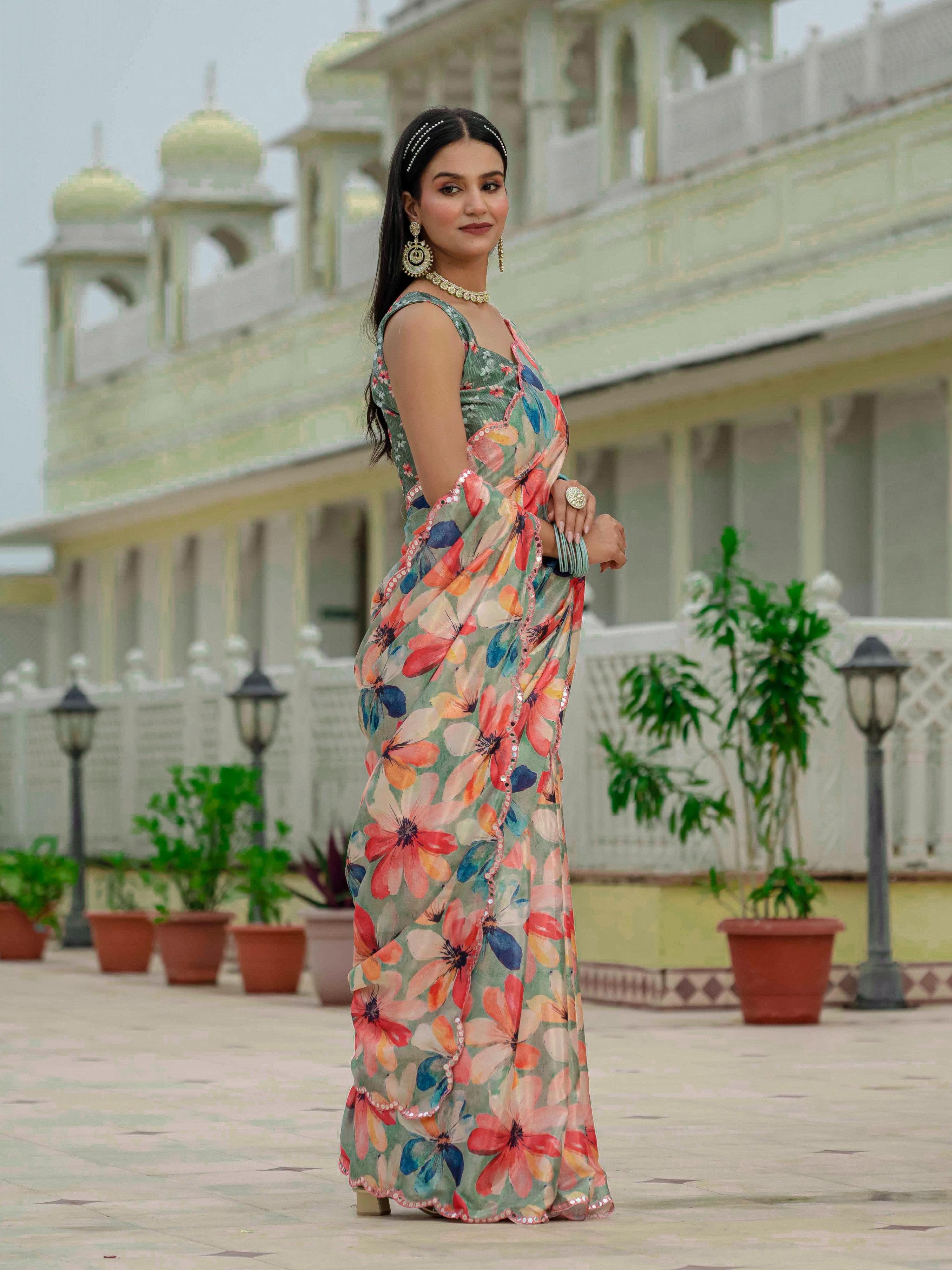 Jyoti Fashion Women's Multicolor Chinon Digital Print with Mirror Saree with Blouse - Distacart