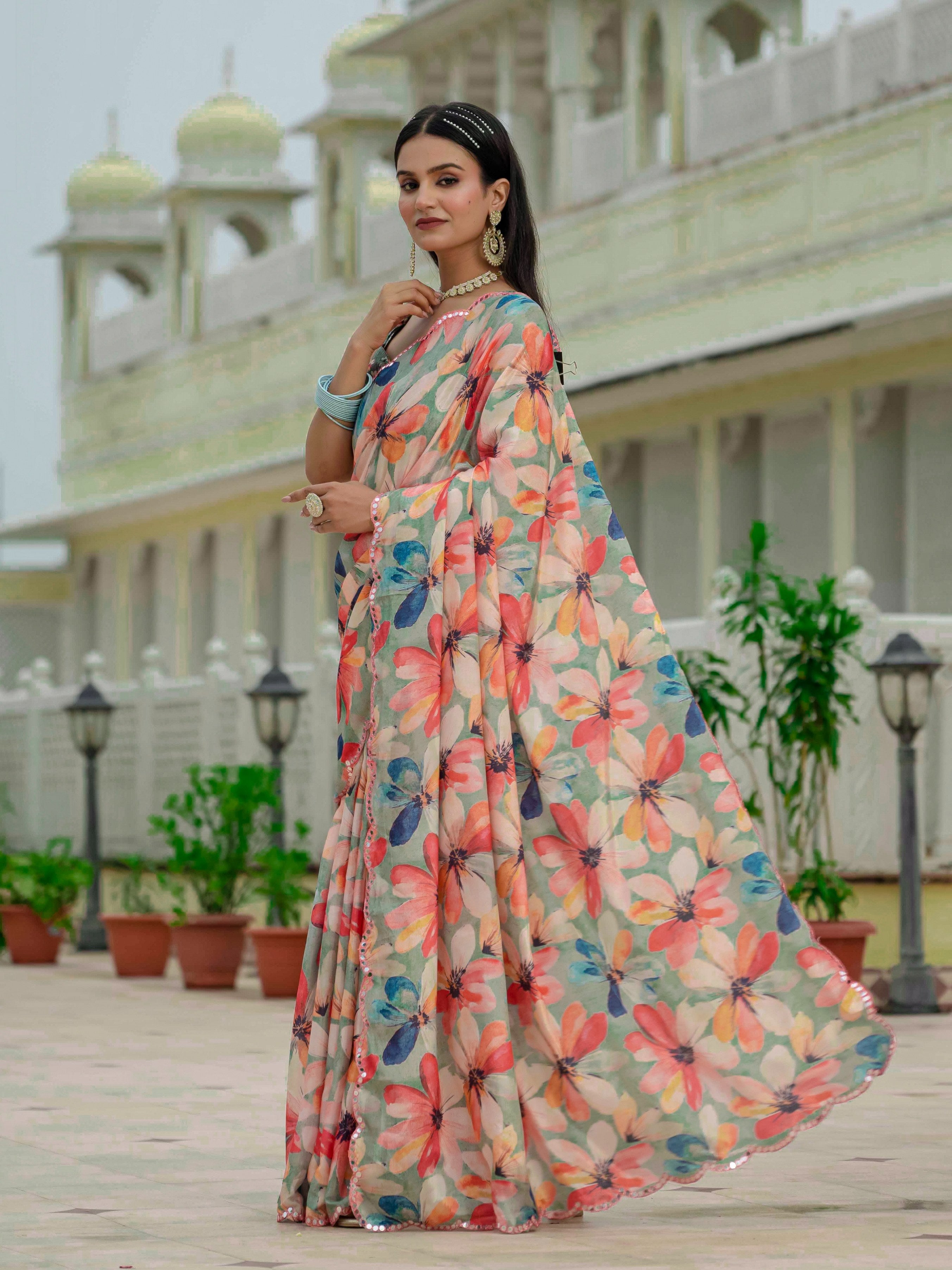 Jyoti Fashion Women's Multicolor Chinon Digital Print with Mirror Saree with Blouse - Distacart