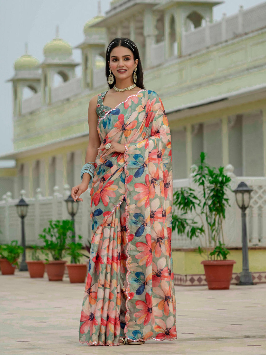 Jyoti Fashion Women's Multicolor Chinon Digital Print with Mirror Saree with Blouse - Distacart