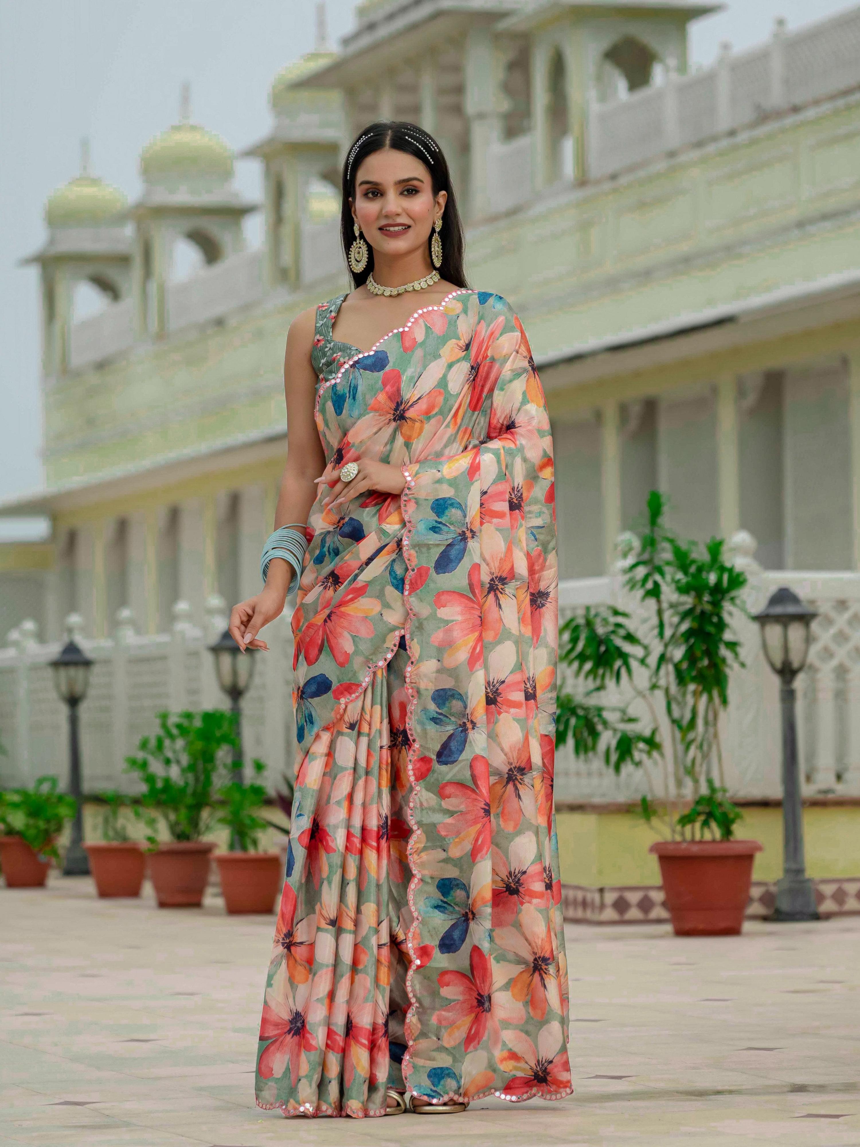 Jyoti Fashion Women's Multicolor Chinon Digital Print with Mirror Saree with Blouse - Distacart