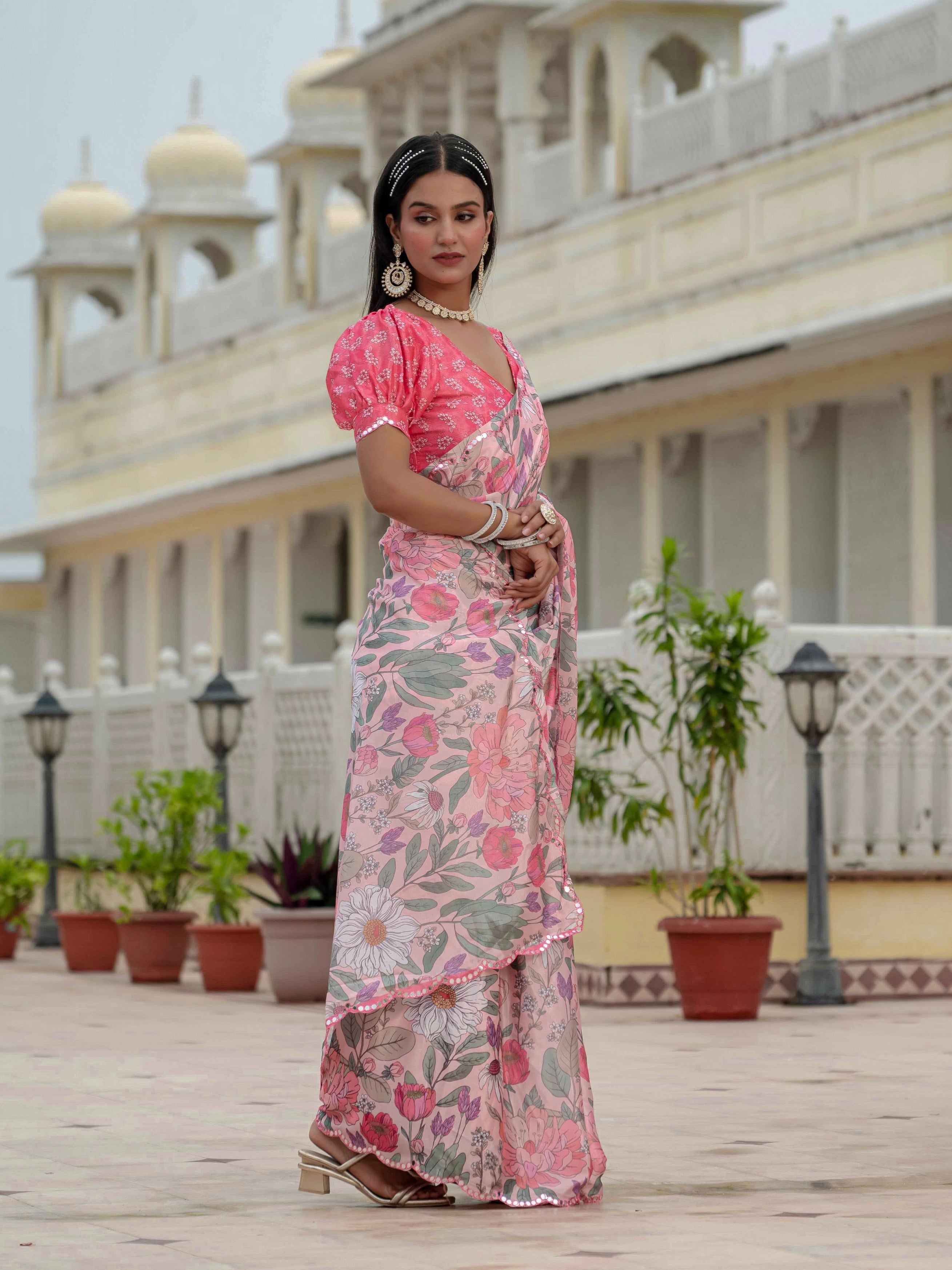 Jyoti Fashion Women's Multicolor Chinon Digital Print with Mirror Saree with Blouse - Distacart