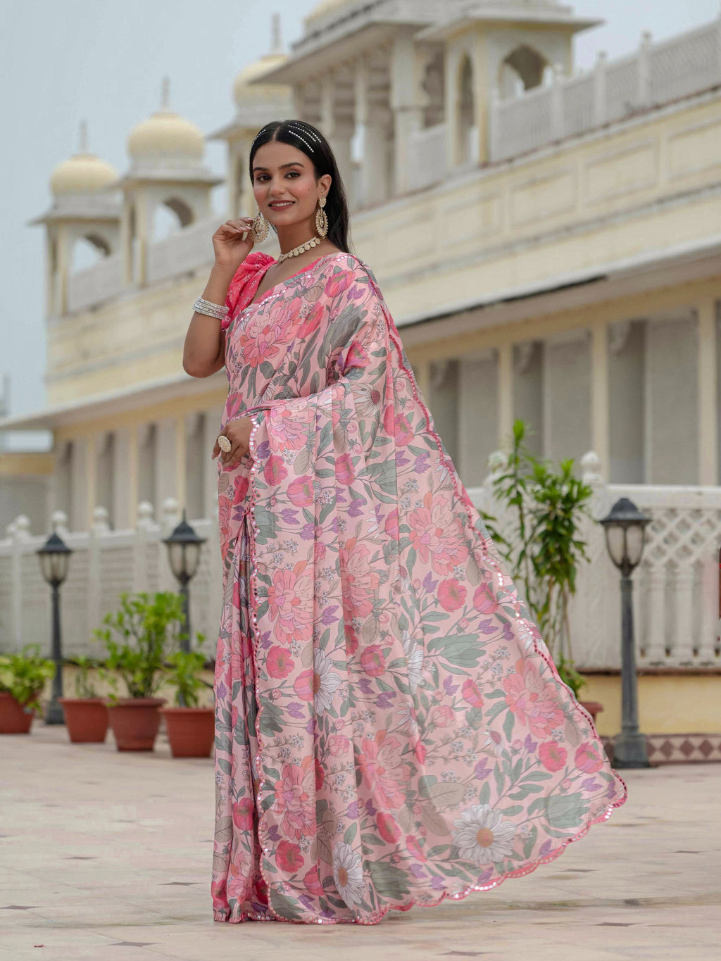 Jyoti Fashion Women's Multicolor Chinon Digital Print with Mirror Saree with Blouse - Distacart