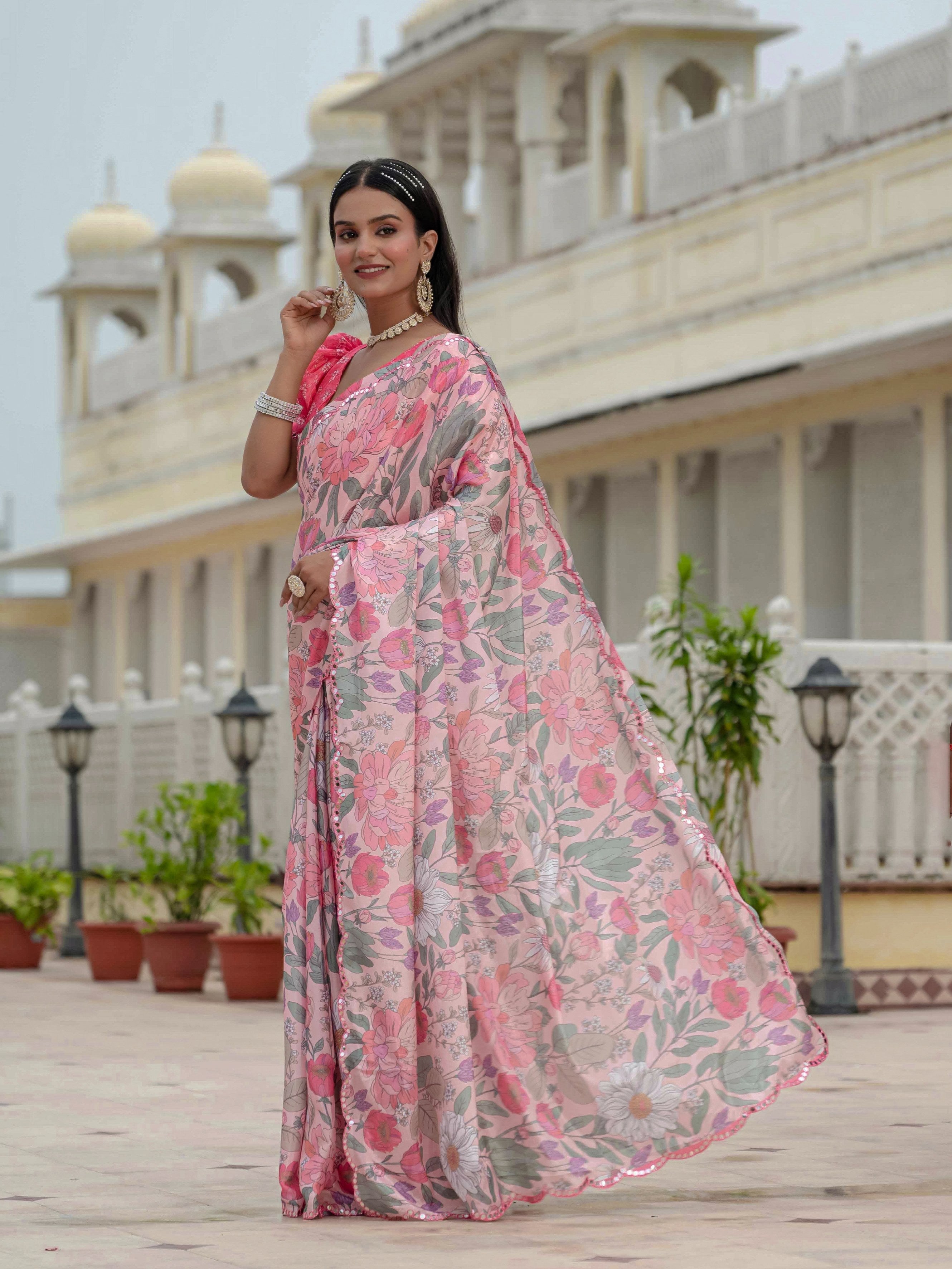 Jyoti Fashion Women's Multicolor Chinon Digital Print with Mirror Saree with Blouse - Distacart