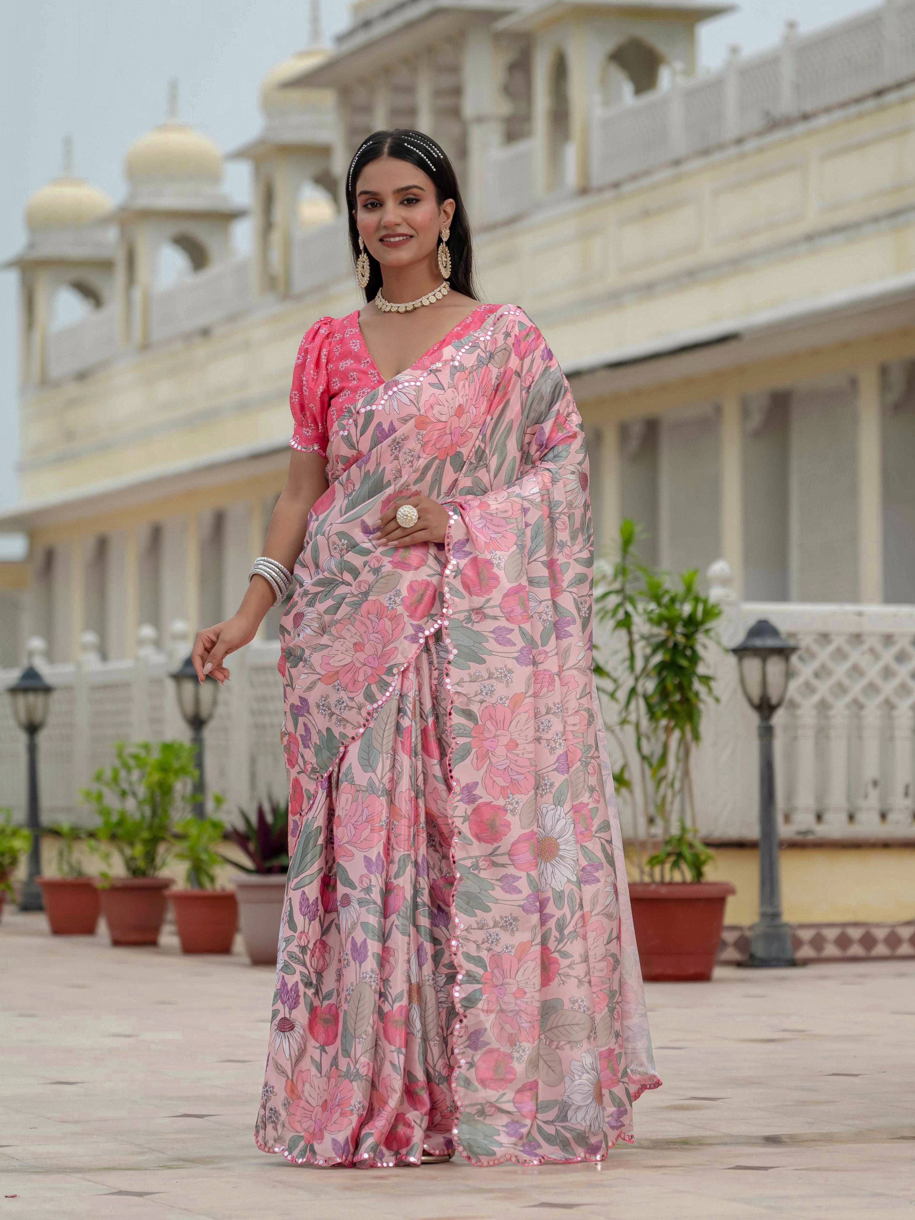 Jyoti Fashion Women's Multicolor Chinon Digital Print with Mirror Saree with Blouse - Distacart