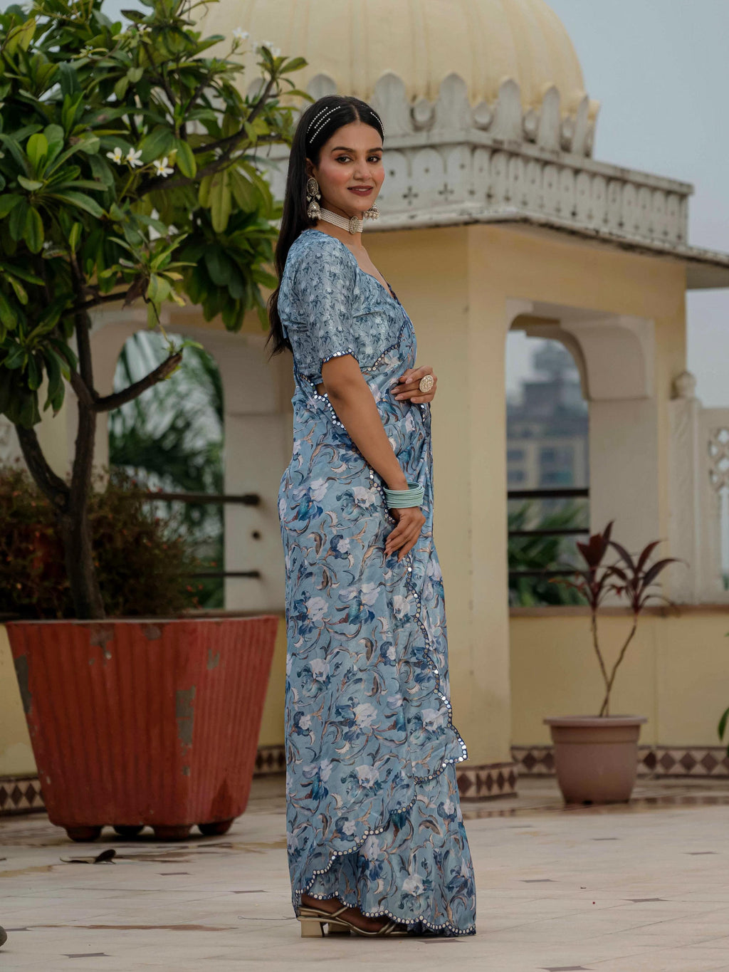 Jyoti Fashion Women's Sky Blue Chinon Digital Print with Mirror Saree with Blouse - Distacart