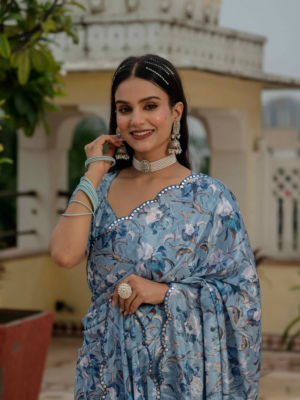 Jyoti Fashion Women's Sky Blue Chinon Digital Print with Mirror Saree with Blouse - Distacart