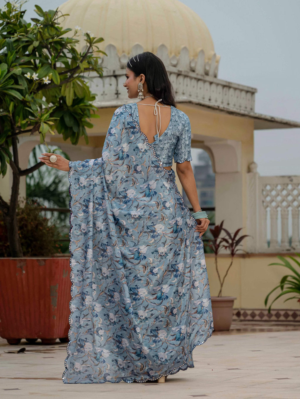 Jyoti Fashion Women's Sky Blue Chinon Digital Print with Mirror Saree with Blouse - Distacart