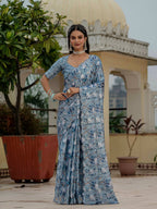 Jyoti Fashion Women's Sky Blue Chinon Digital Print with Mirror Saree with Blouse - Distacart