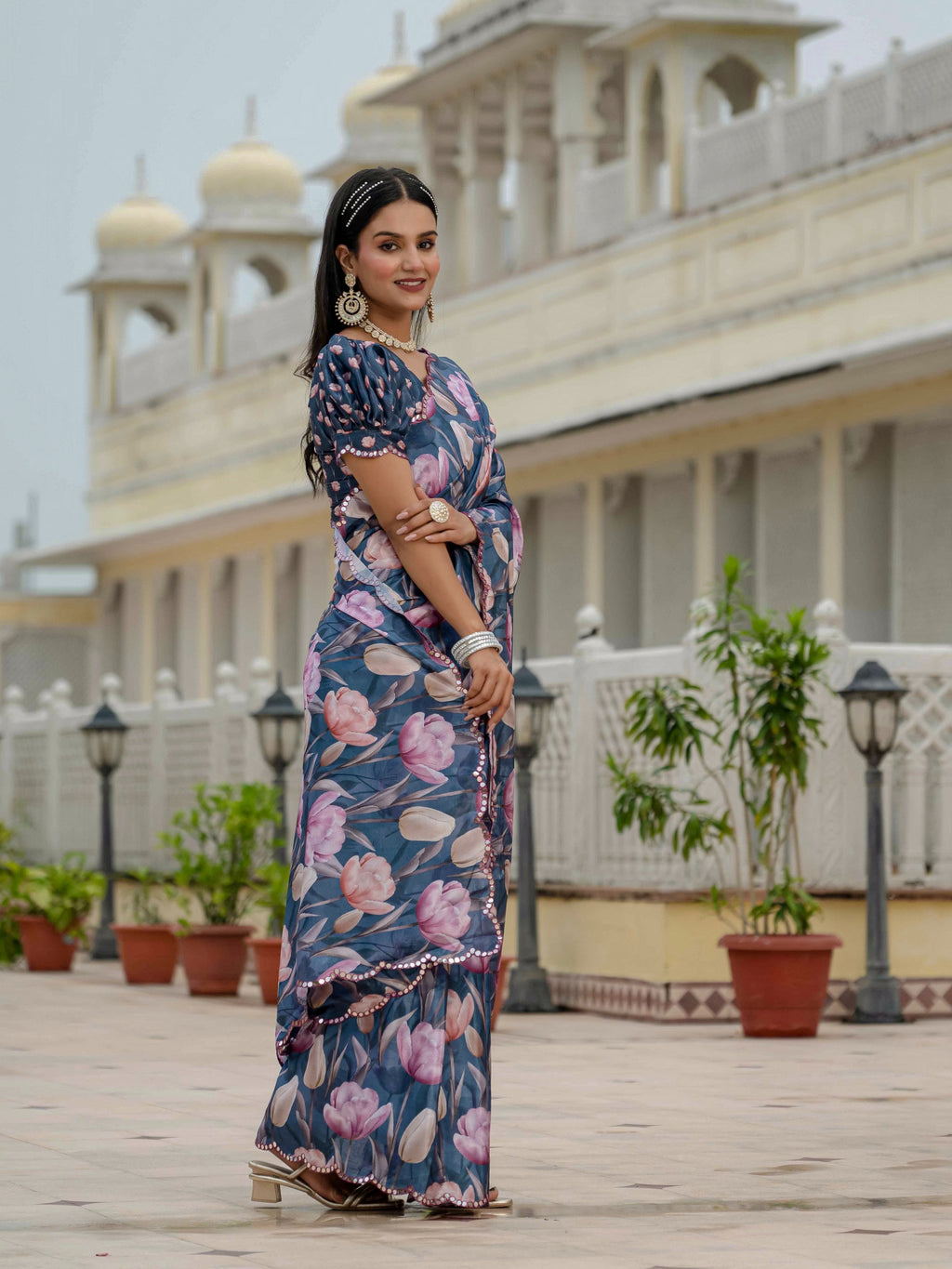 Jyoti Fashion Women's Navy Blue Chinon Digital Print with Mirror Saree with Blouse - Distacart