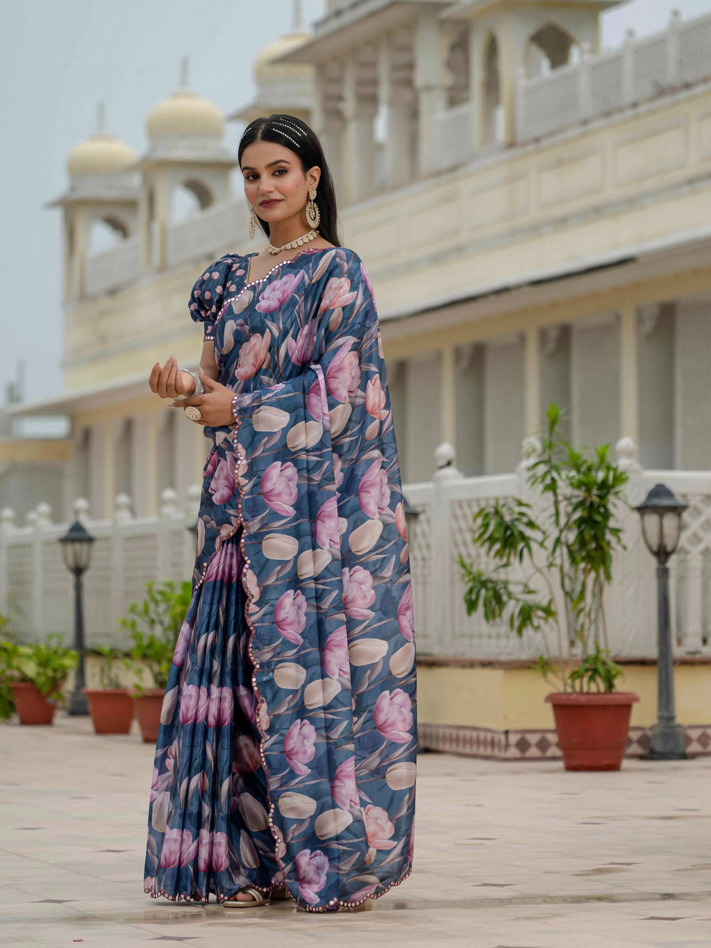 Jyoti Fashion Women's Navy Blue Chinon Digital Print with Mirror Saree with Blouse - Distacart