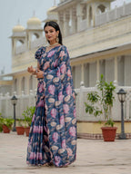 Jyoti Fashion Women's Navy Blue Chinon Digital Print with Mirror Saree with Blouse - Distacart