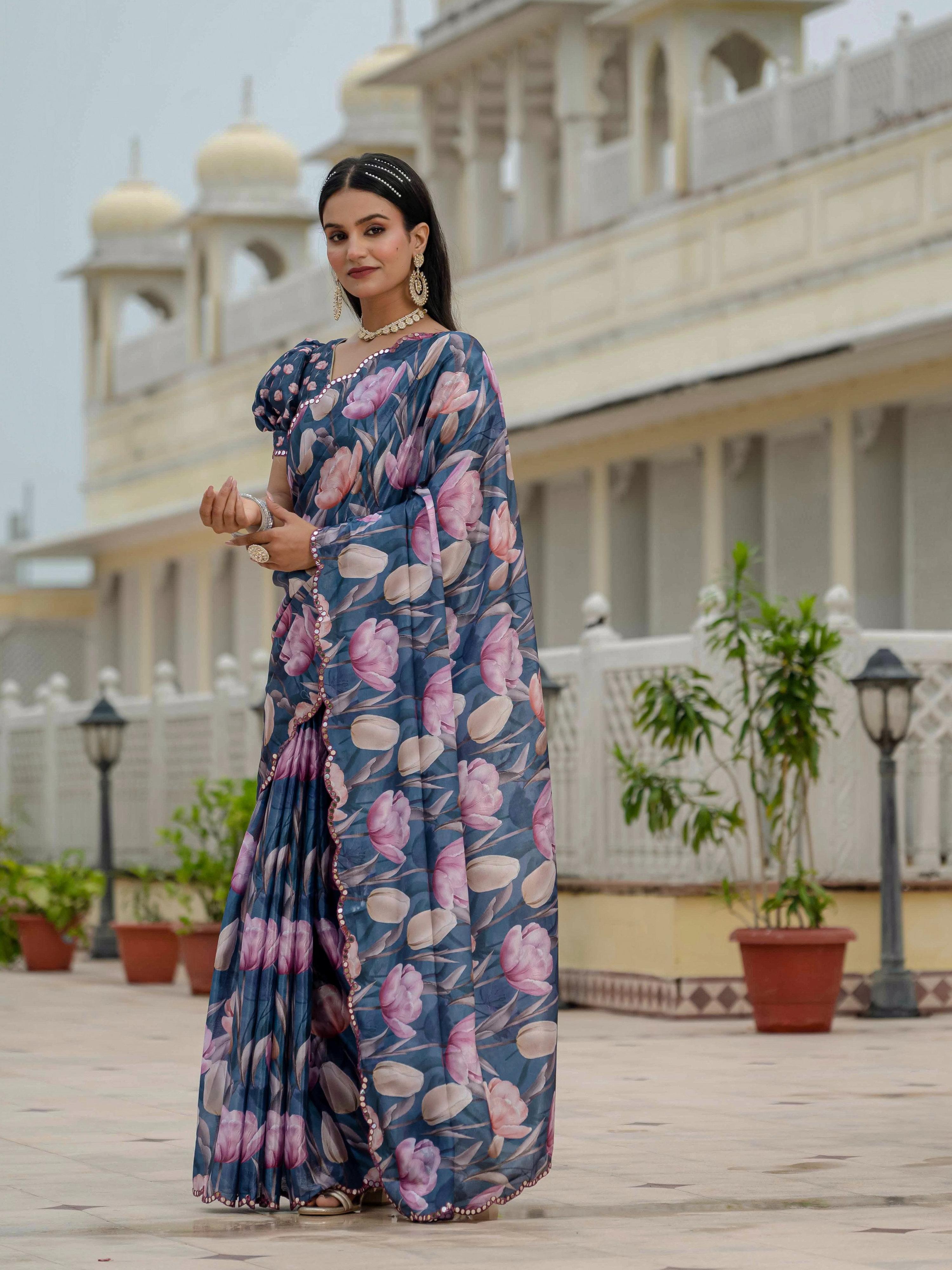 Jyoti Fashion Women's Navy Blue Chinon Digital Print with Mirror Saree with Blouse - Distacart