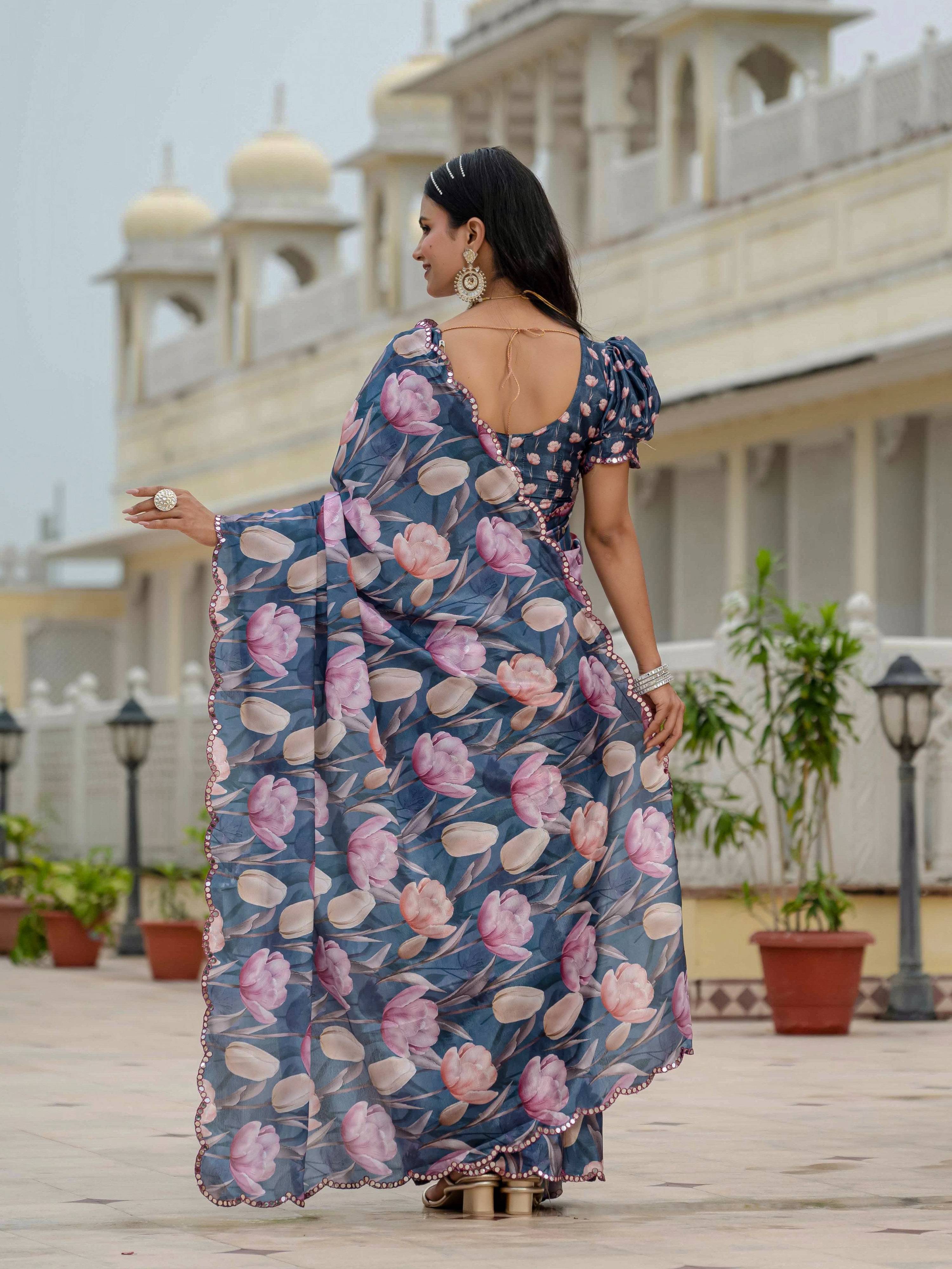 Jyoti Fashion Women's Navy Blue Chinon Digital Print with Mirror Saree with Blouse - Distacart