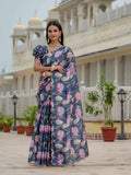 Jyoti Fashion Women's Navy Blue Chinon Digital Print with Mirror Saree with Blouse - Distacart