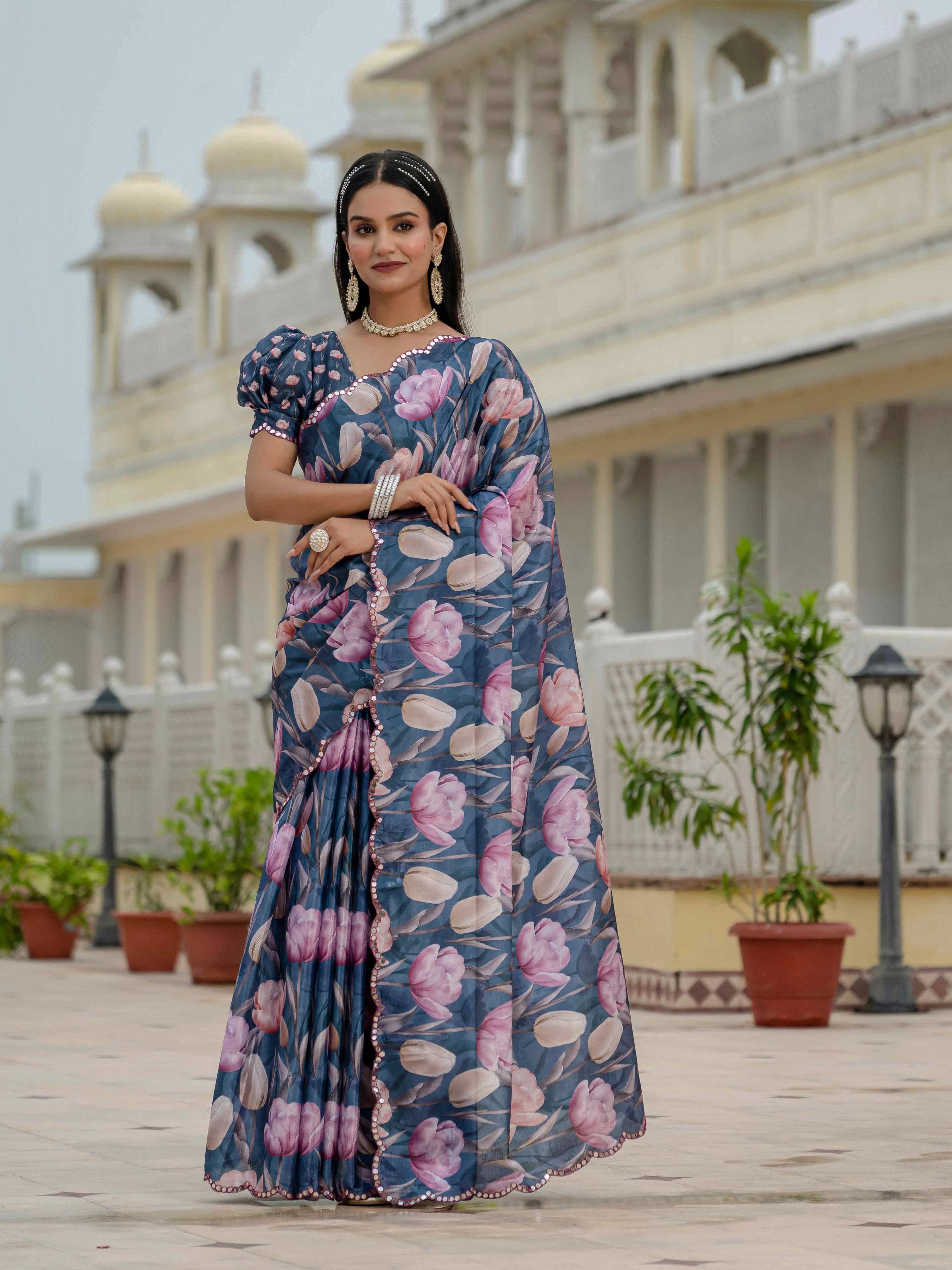 Jyoti Fashion Women's Navy Blue Chinon Digital Print with Mirror Saree with Blouse - Distacart