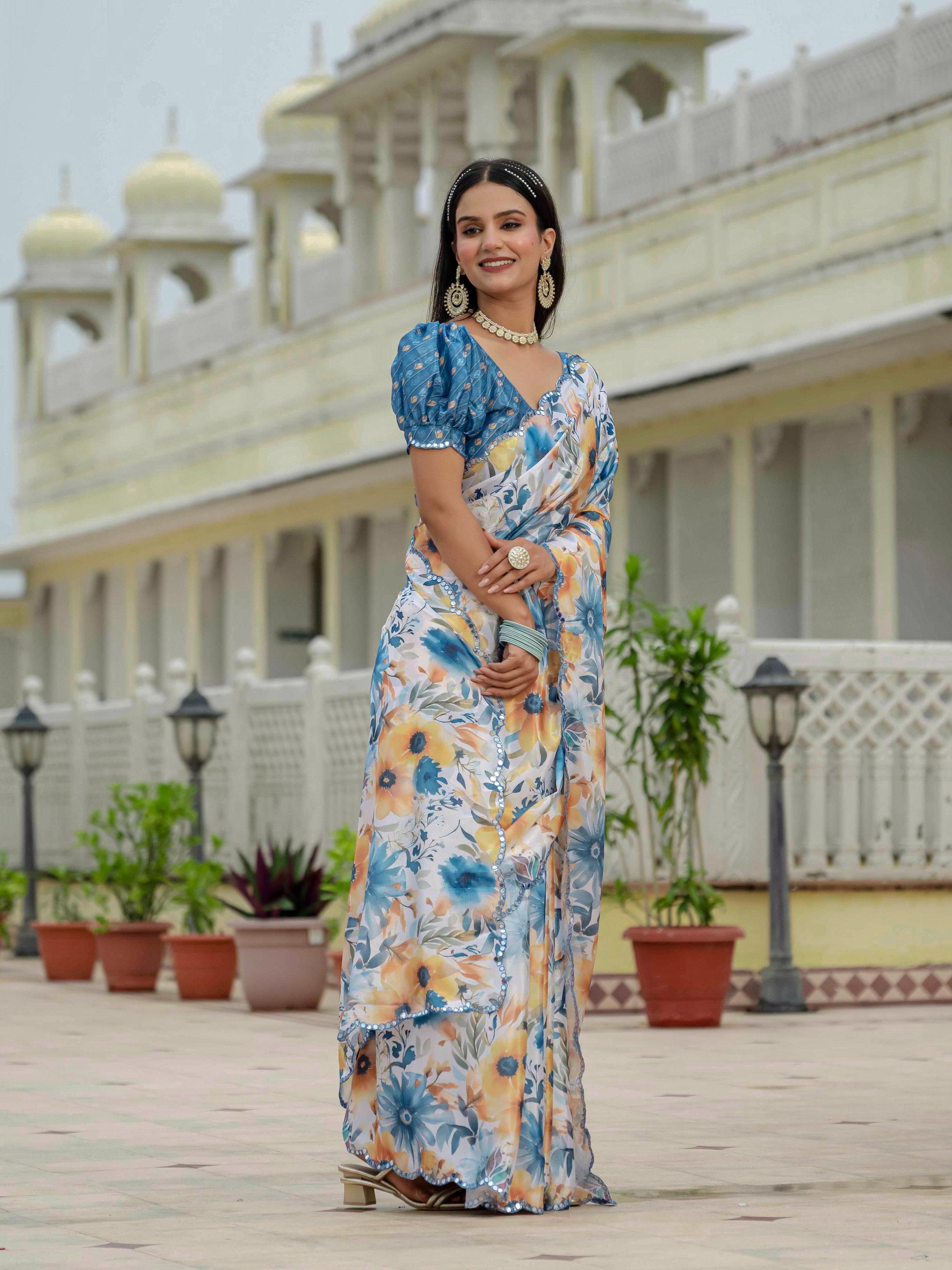 Jyoti Fashion Women's Multicolor Chinon Digital Print with Mirror Saree with Blouse - Distacart