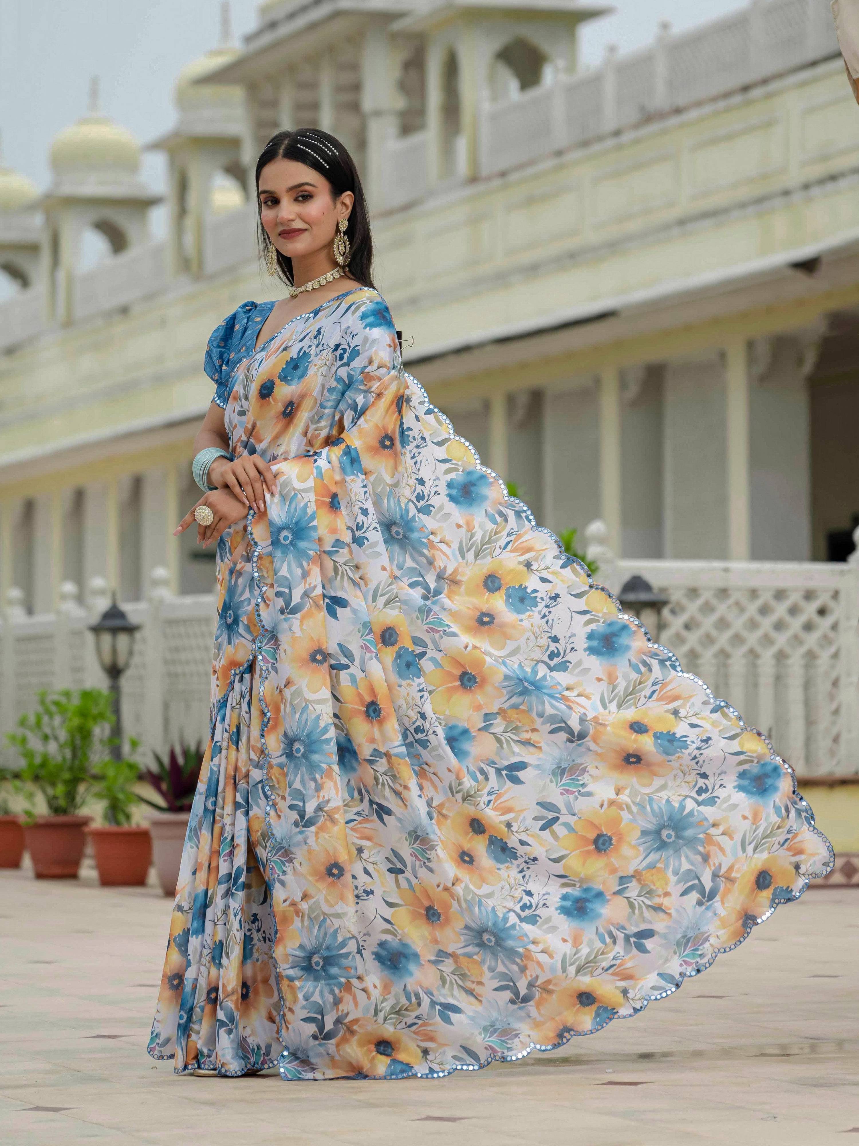Jyoti Fashion Women's Multicolor Chinon Digital Print with Mirror Saree with Blouse - Distacart