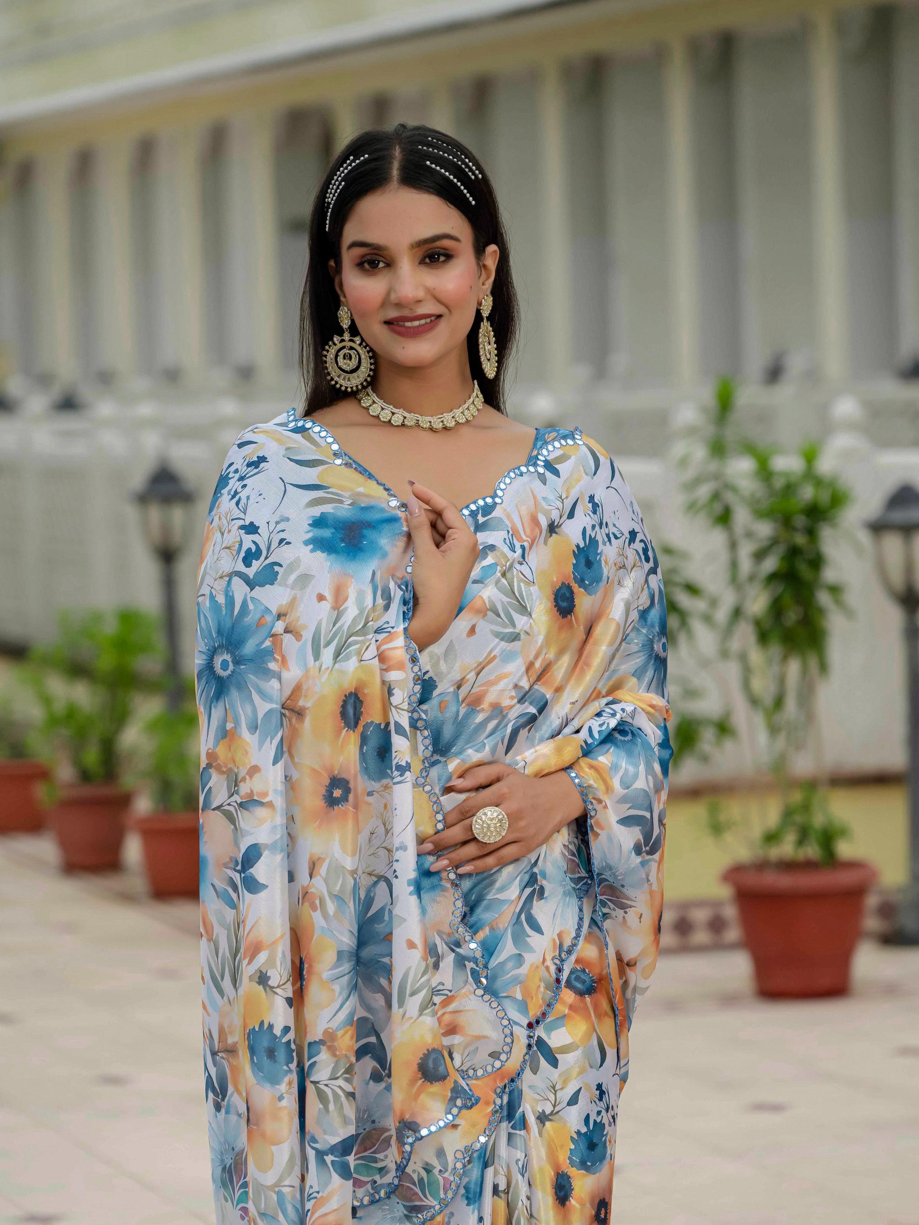 Jyoti Fashion Women's Multicolor Chinon Digital Print with Mirror Saree with Blouse - Distacart