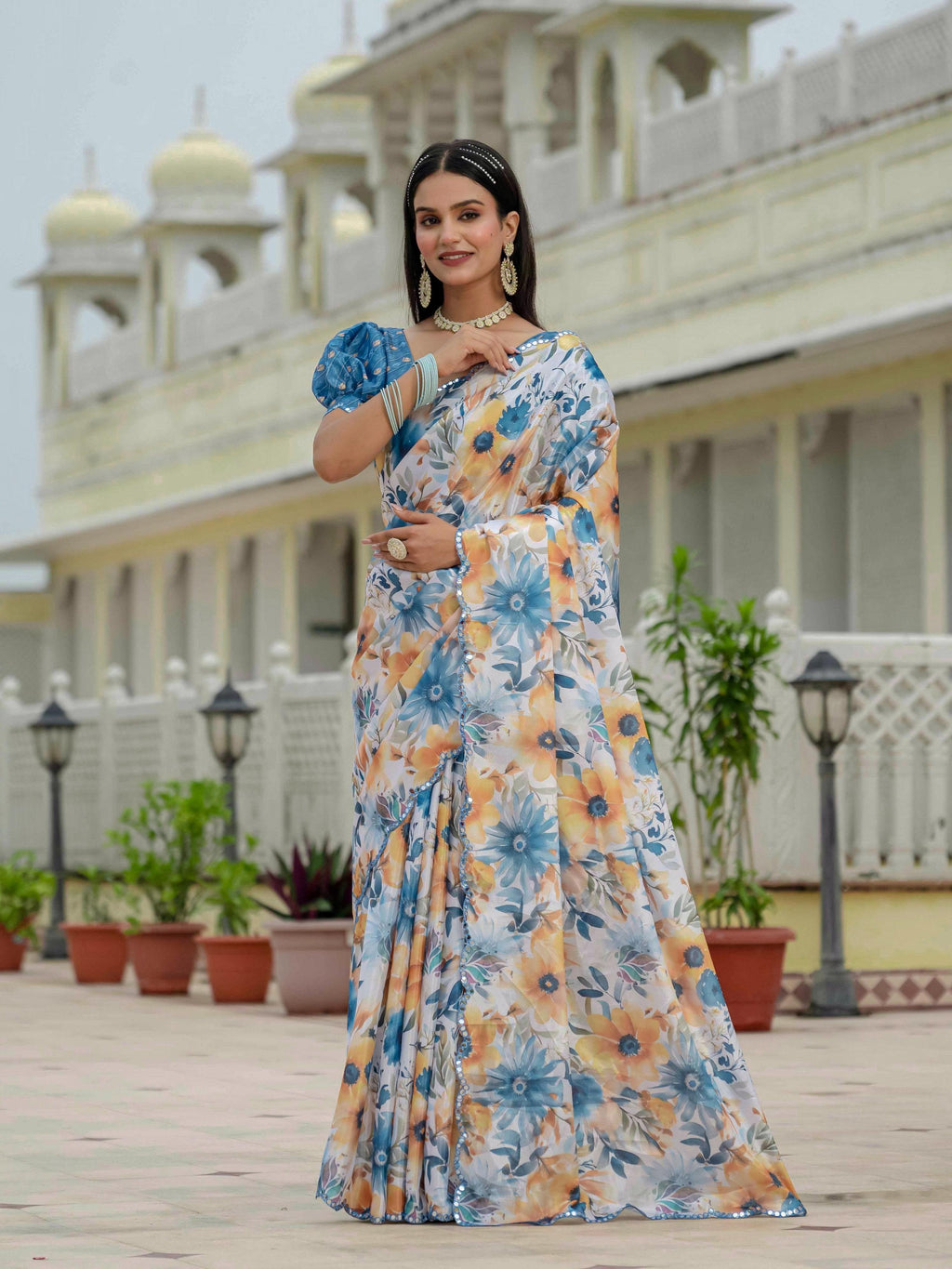 Jyoti Fashion Women's Multicolor Chinon Digital Print with Mirror Saree with Blouse - Distacart